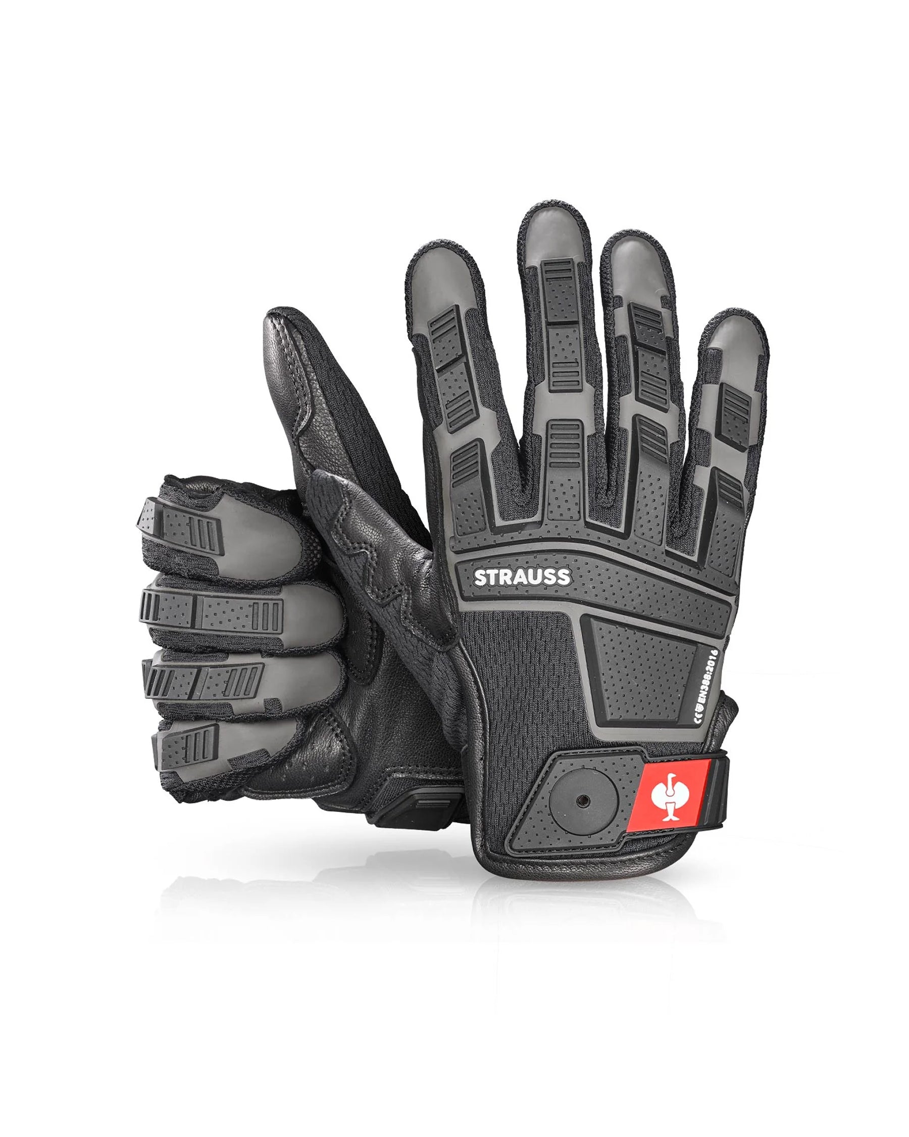 Black STRAUSS assembly protection gloves with textured palms, fitted cuffs, and reinforced work grip.