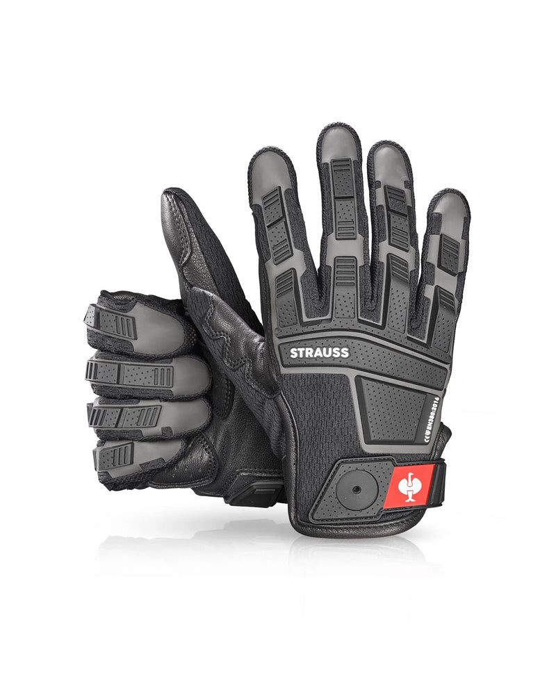 Black STRAUSS assembly protection gloves with textured palms, fitted cuffs, and reinforced work grip.