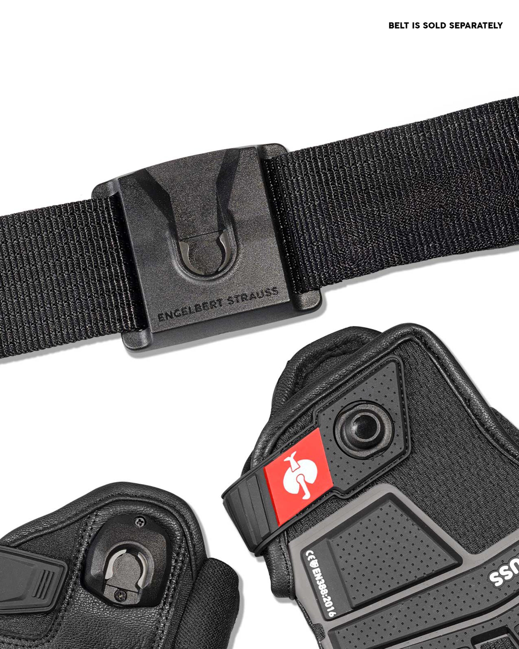 Close-up of the palm grip, fingers, and cuff on the black STRAUSS assembly protection gloves.