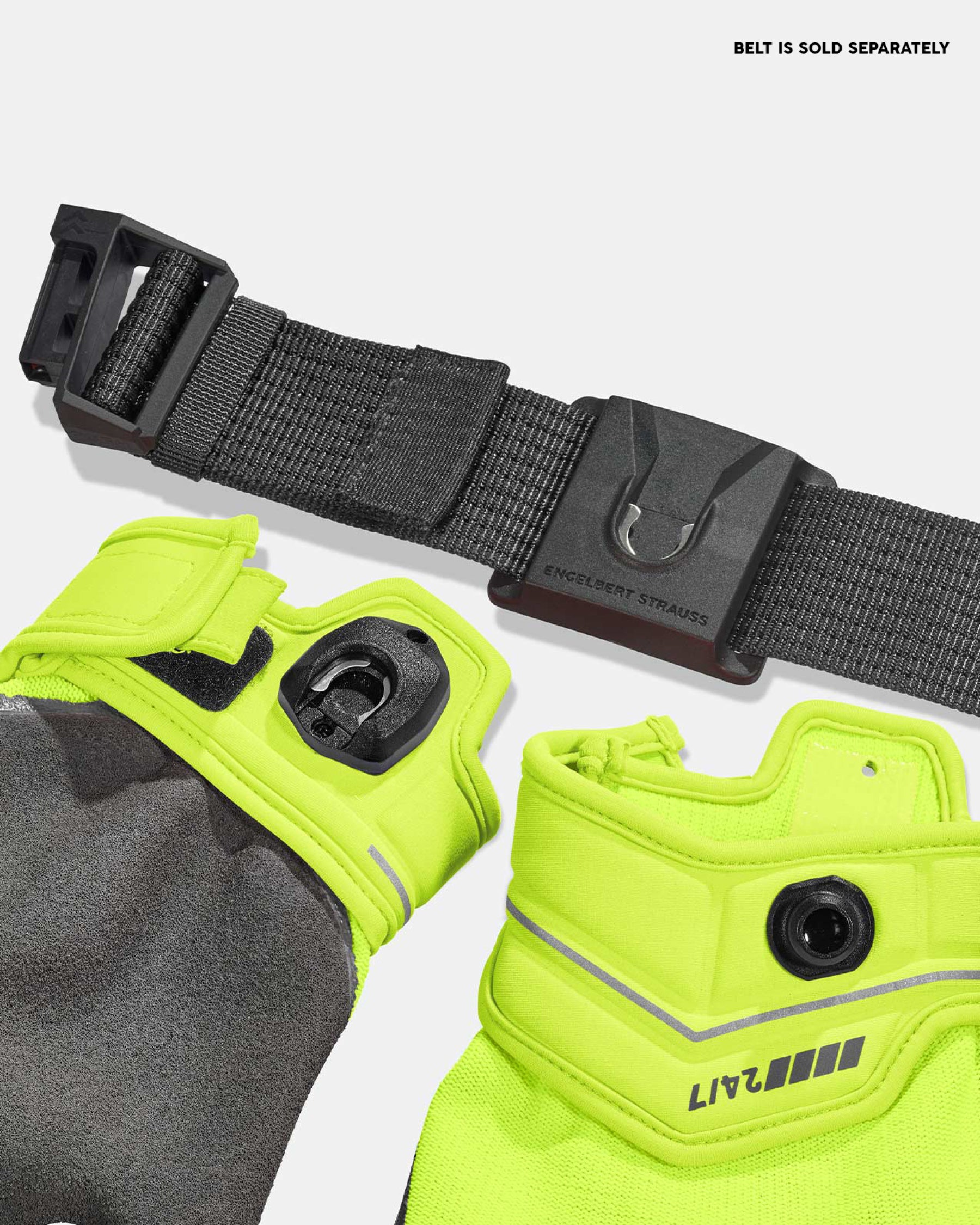 Close-up of the palm grip, fingers, and cuff on the neon yellow and anthracite STRAUSS e.s.motion 24/7 hybrid gloves.