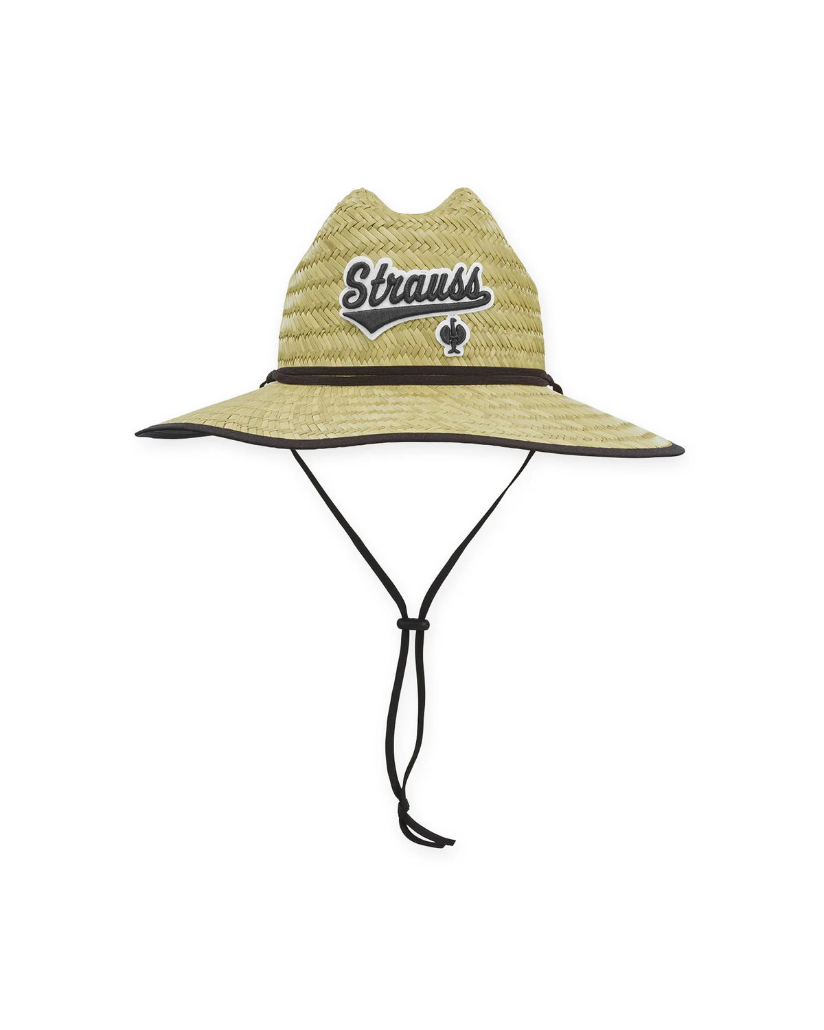 Light brown STRAUSS e.s.e:pic straw hat showing fabric, brim shape, and logo detail.