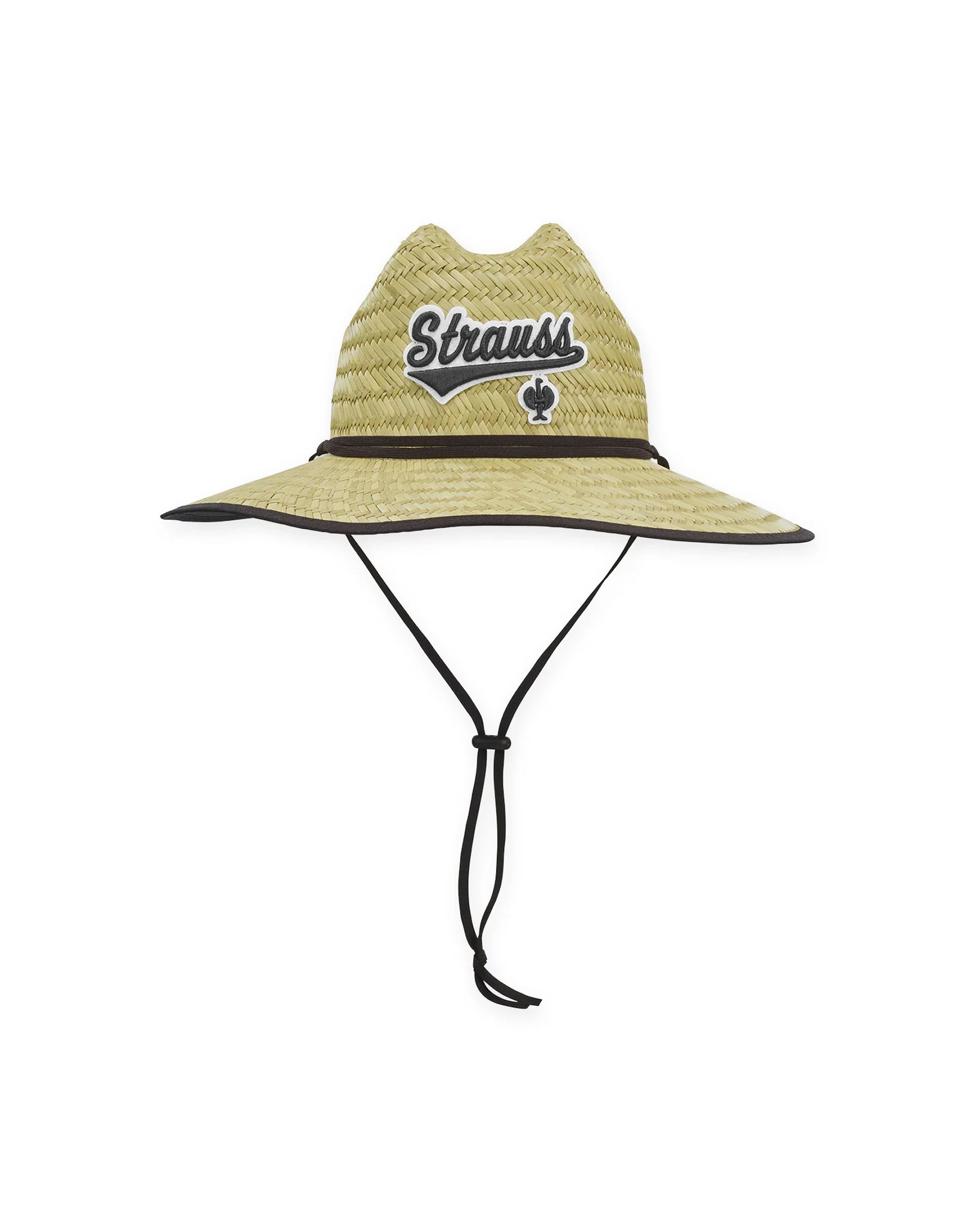 Light brown STRAUSS e.s.e:pic straw hat showing fabric, brim shape, and logo detail.