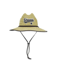 Light brown STRAUSS e.s.e:pic straw hat showing fabric, brim shape, and logo detail.
