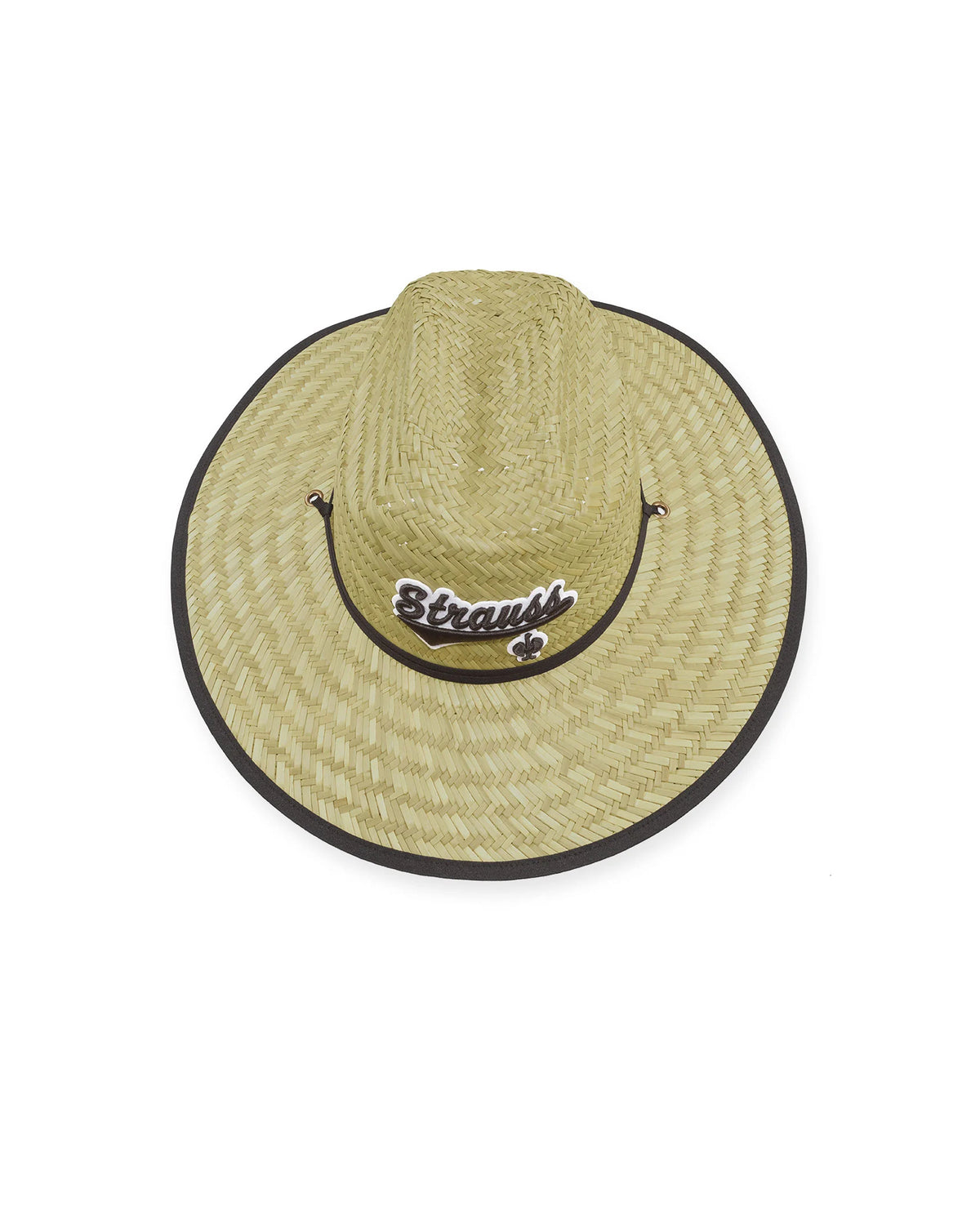Light brown STRAUSS e.s.e:pic straw hat showing fabric, brim shape, and logo detail.