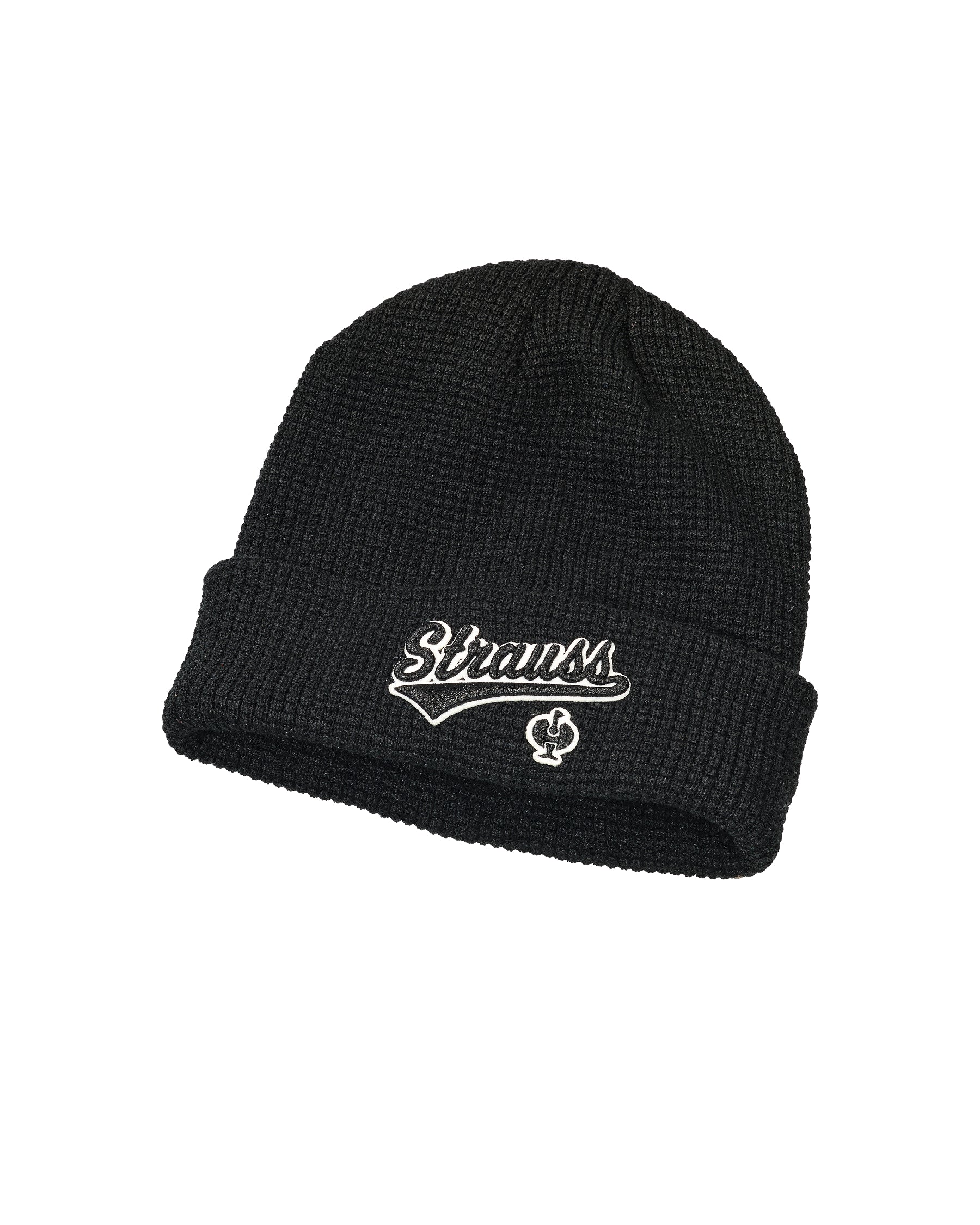 Black STRAUSS e.s.e:pic beanie with a ribbed knit texture.