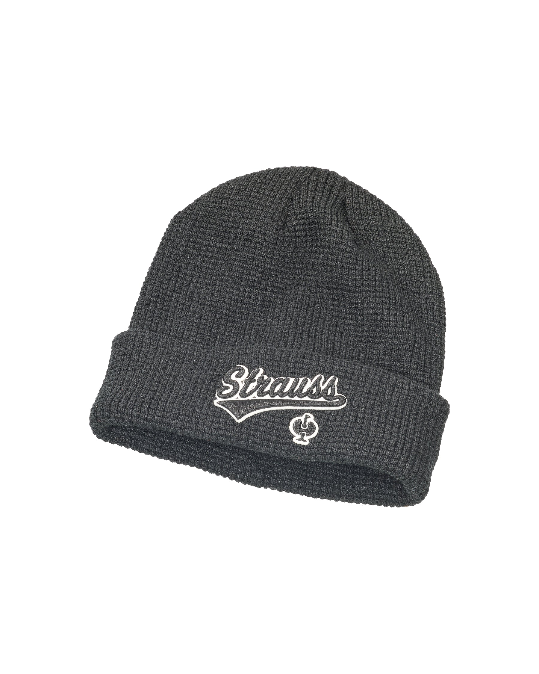 Carbon gray STRAUSS e.s.e:pic beanie with a ribbed knit texture.