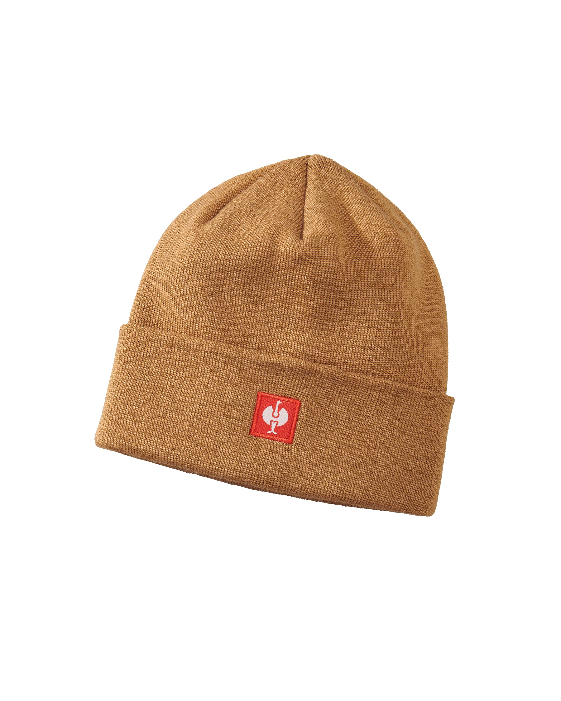 A camel brown knit beanie hat with a small red square patch featuring a white rooster logo on the front cuff, set against a plain white background.