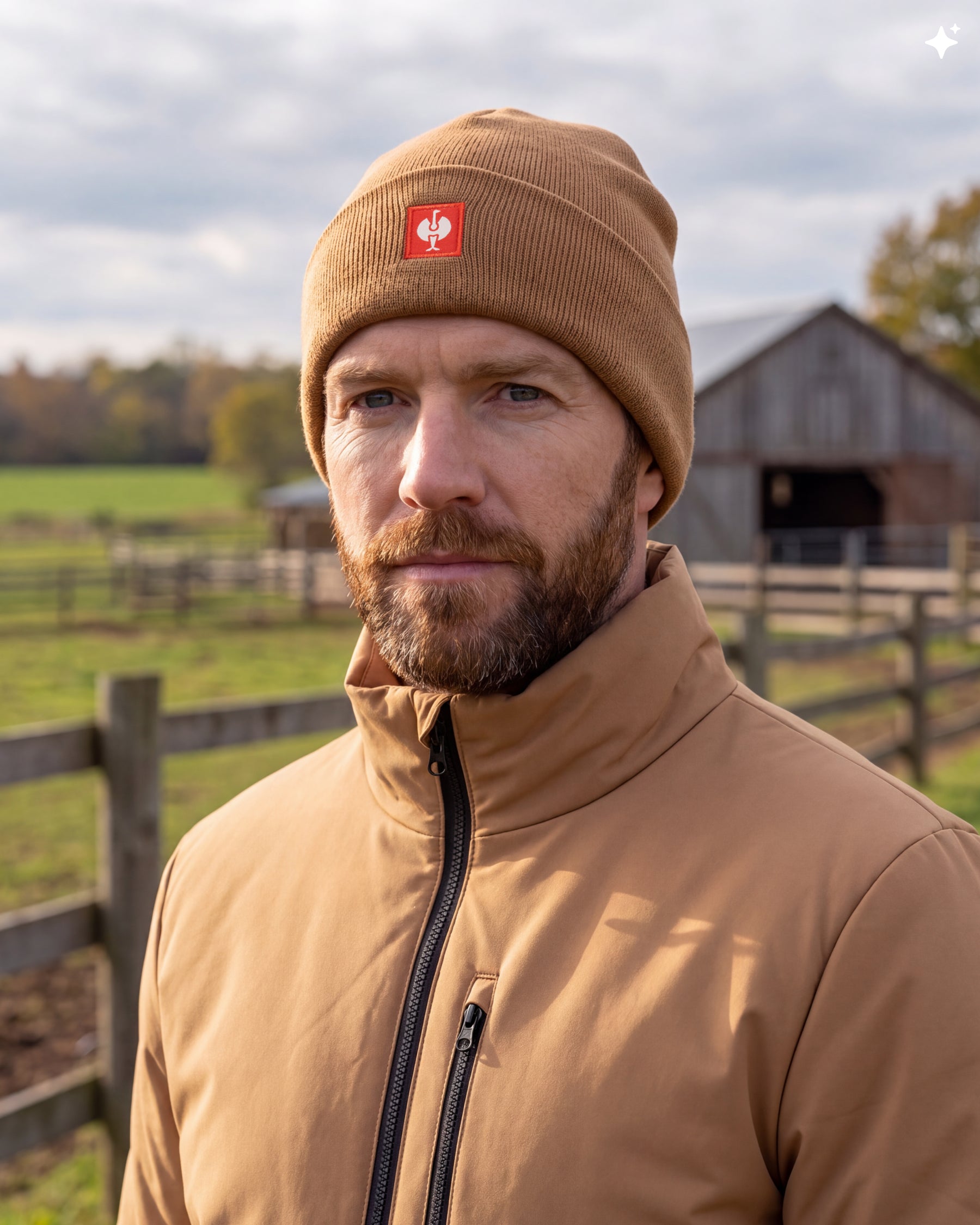 A man wearing a tan knit beanie with a small red square logo patch and a matching tan zip-front jacket, photographed outdoors in front of a rustic barn and fence.