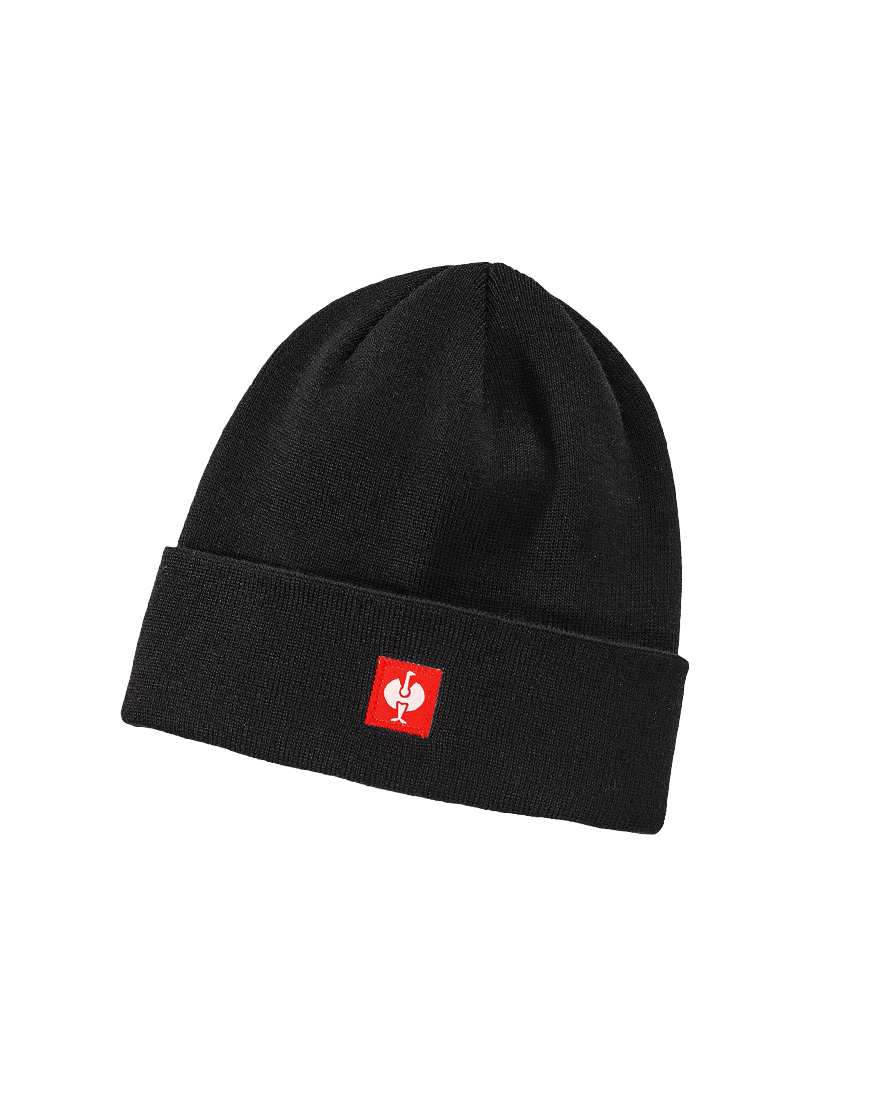 A black knit beanie hat with a folded cuff, featuring a small red square patch on the front with a white stylized bird logo, shown on a plain white background.