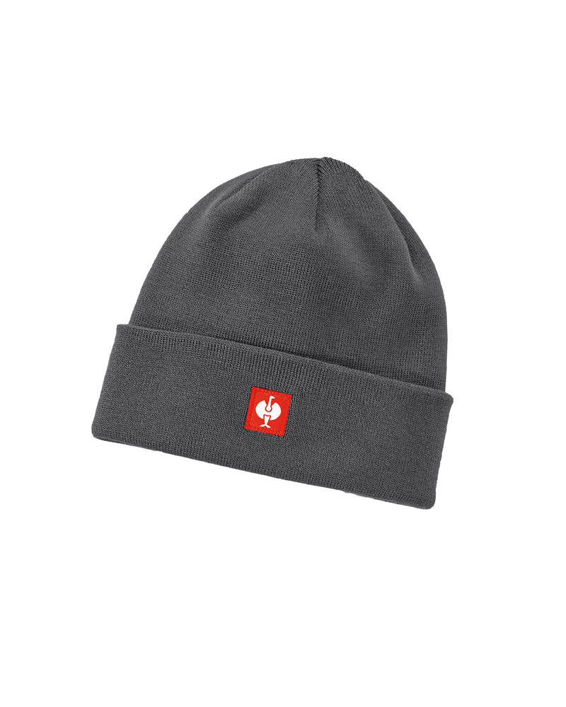 A dark gray knit beanie hat with a folded cuff, featuring a small red square patch on the front with a white stylized logo.
