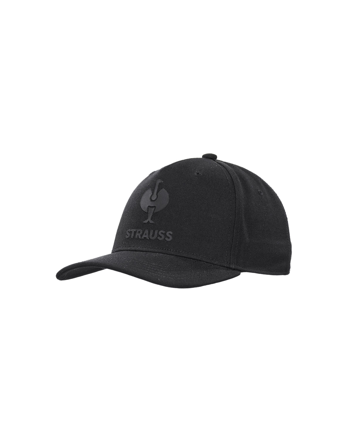 A black baseball cap with a tonal dark gray embroidered logo and the word 'STRAUSS' on the front, shown against a plain white background.