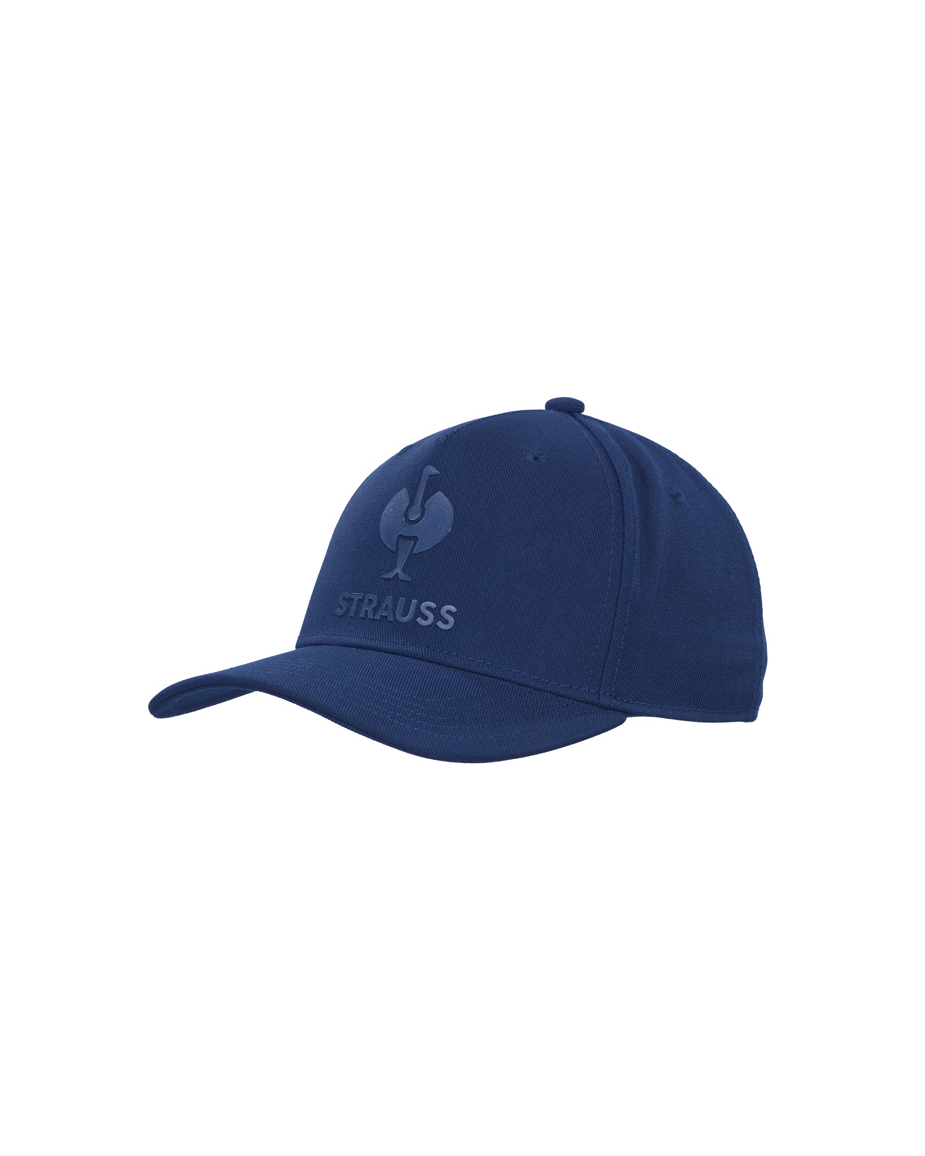 A navy blue baseball cap featuring a tonal embroidered rooster logo and the brand name 'STRAUSS' on the front, set against a plain white background.