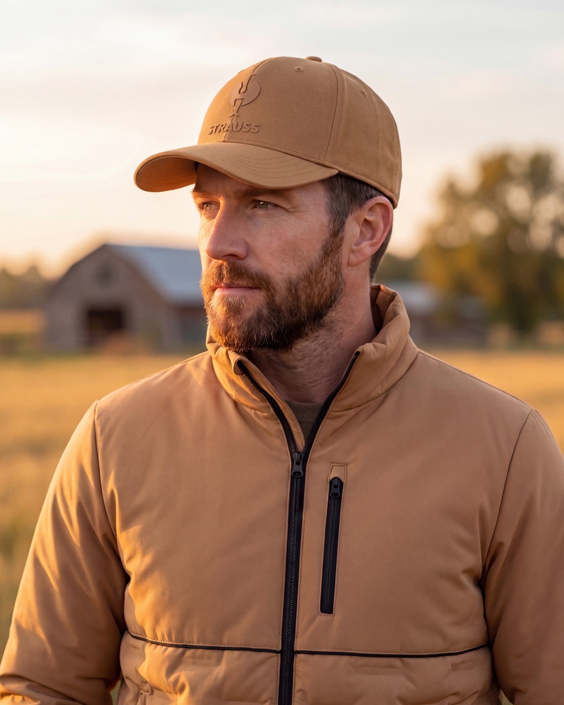 A man wearing a tan cap with a visible 'JAGUROS' logo and a matching tan zip-front jacket, photographed outdoors in warm golden-hour light with a blurred farm background.