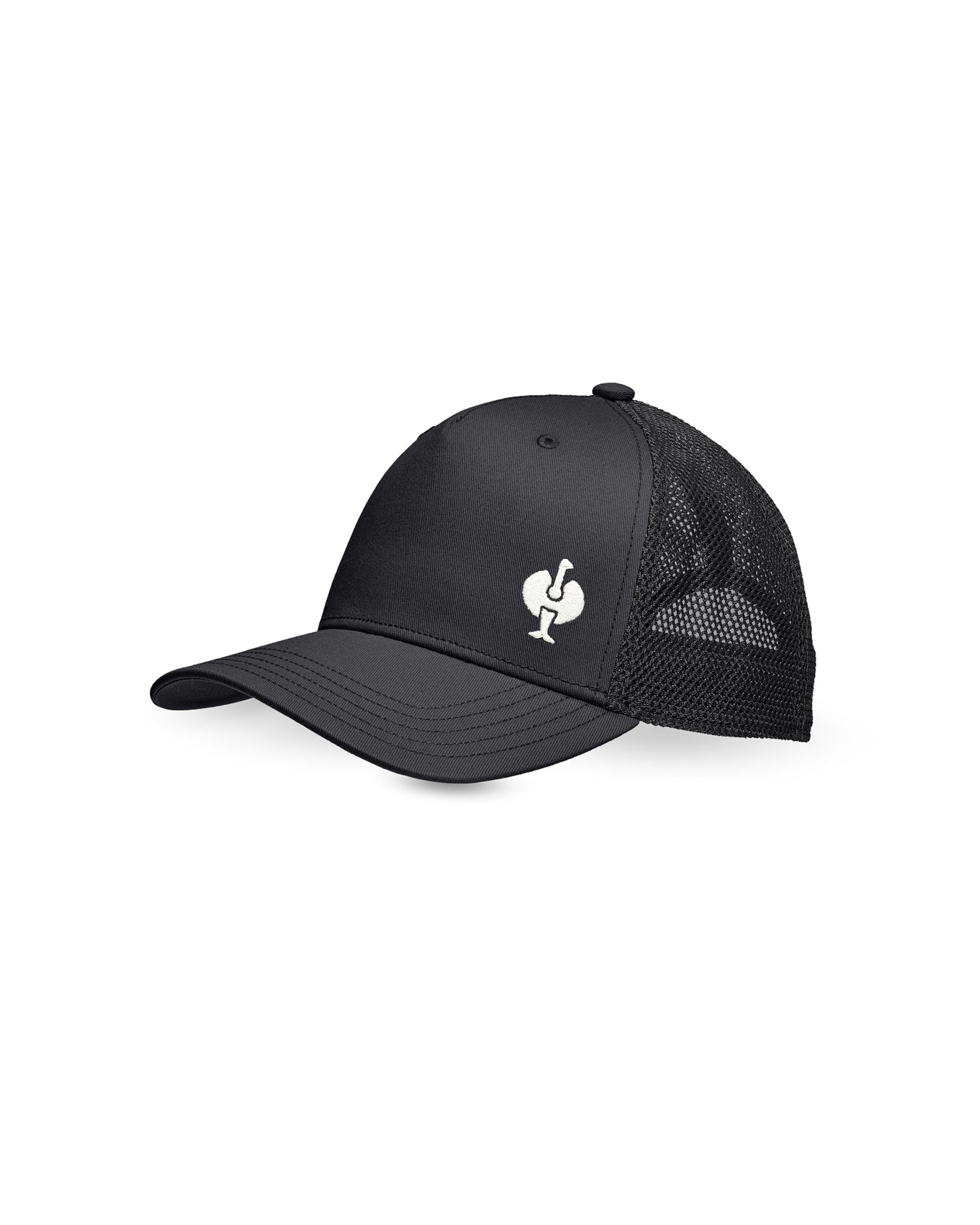 Black STRAUSS e.s.ventura vintage trucker hat with a curved brim and mesh panels.