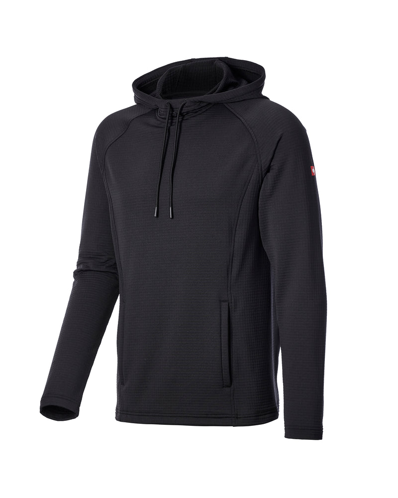 A black long-sleeve hooded athletic pullover with a textured knit fabric, drawstring hood, and a small red logo on the left sleeve, shown on a plain white background.