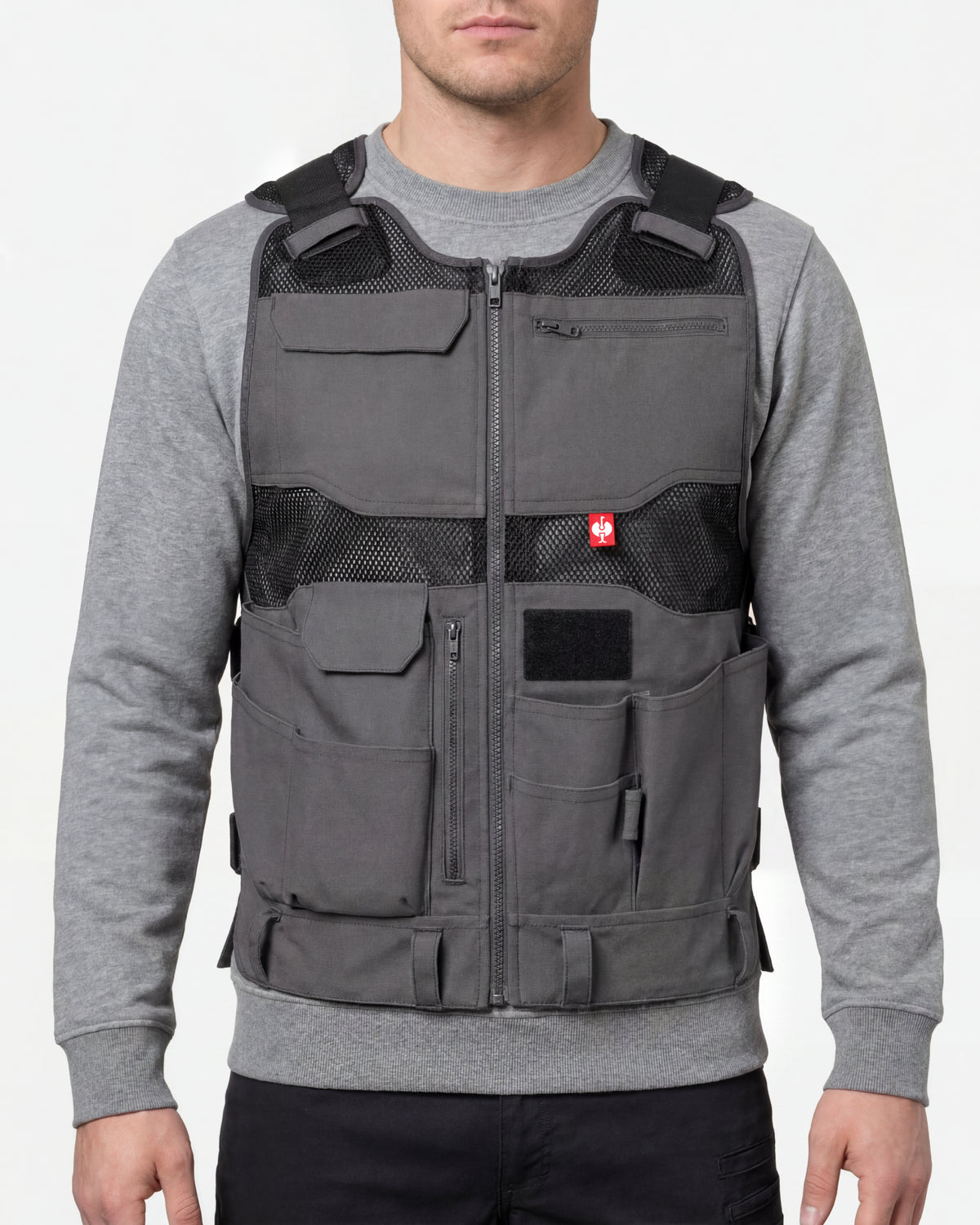 STRAUSS e.s.iconic tool vest in carbon gray and black worn, front view