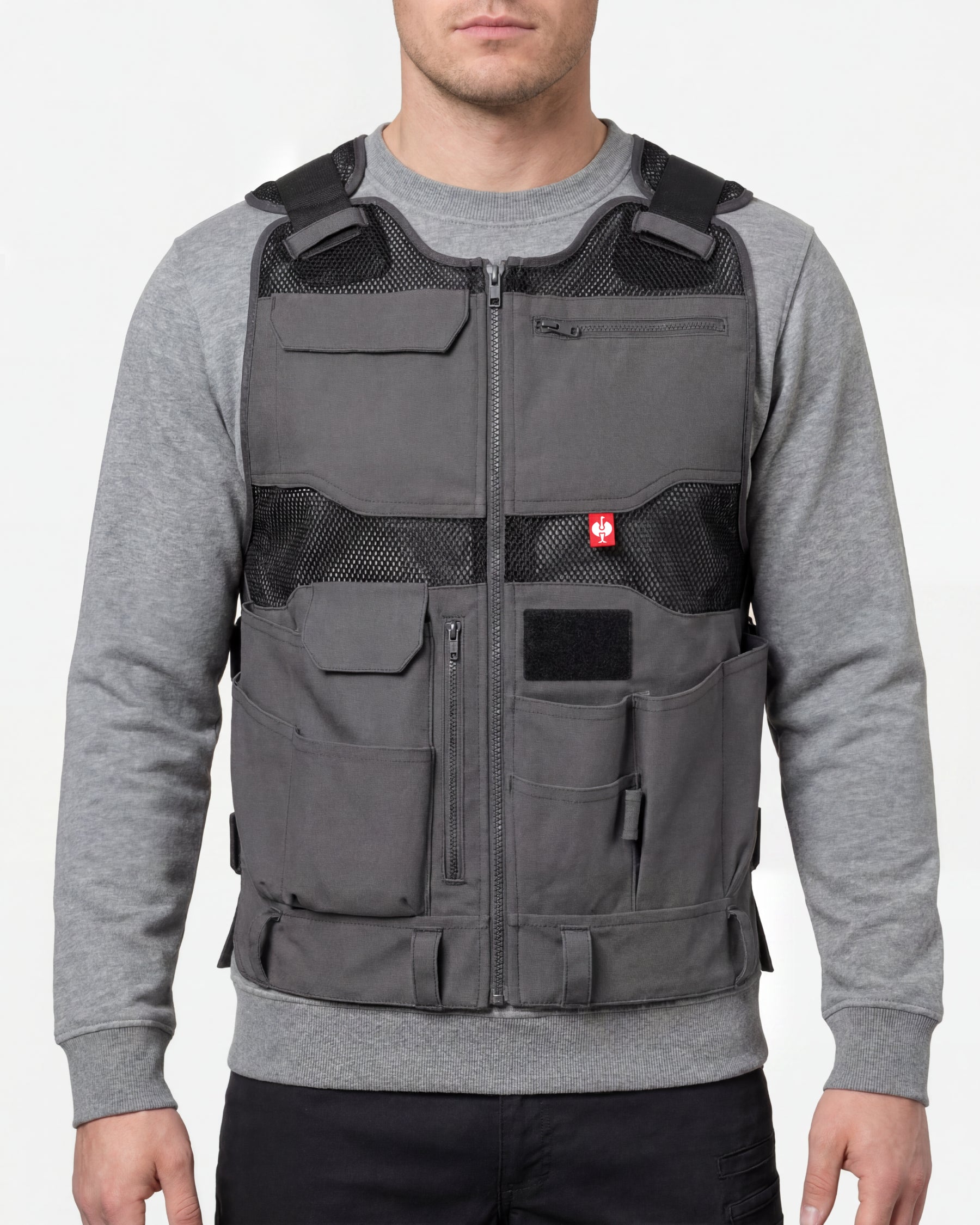 STRAUSS e.s.iconic tool vest in carbon gray and black worn, front view