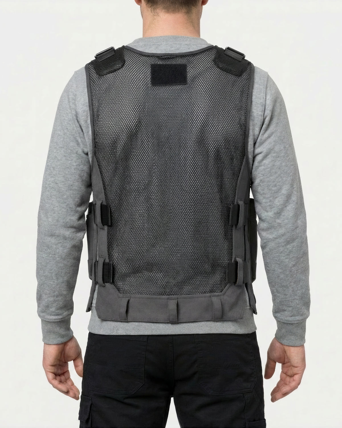 STRAUSS e.s.iconic tool vest in carbon gray and black worn, back view