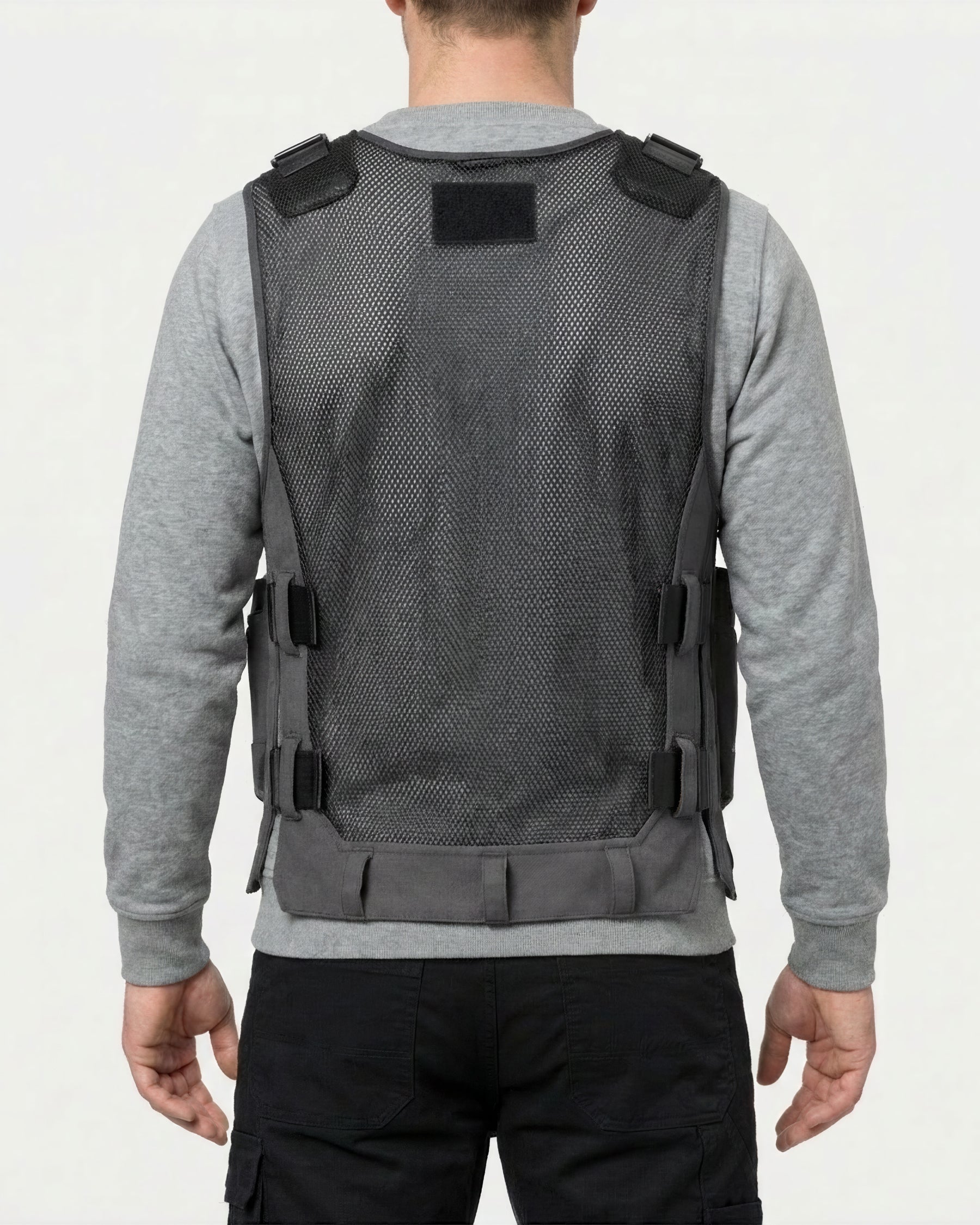 STRAUSS e.s.iconic tool vest in carbon gray and black worn, back view