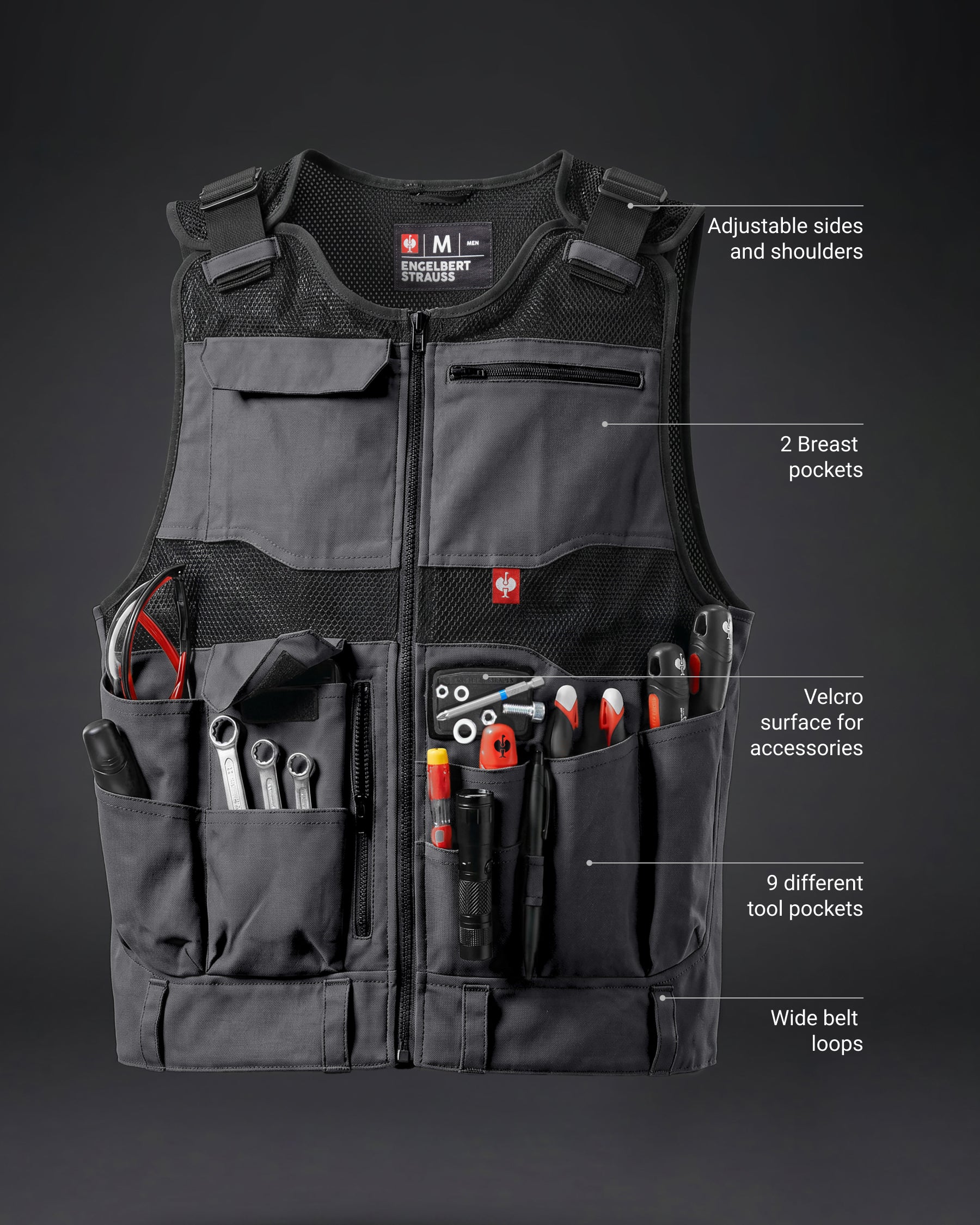 Tool pocket layout and storage features on STRAUSS e.s.iconic tool vest in carbon gray and black