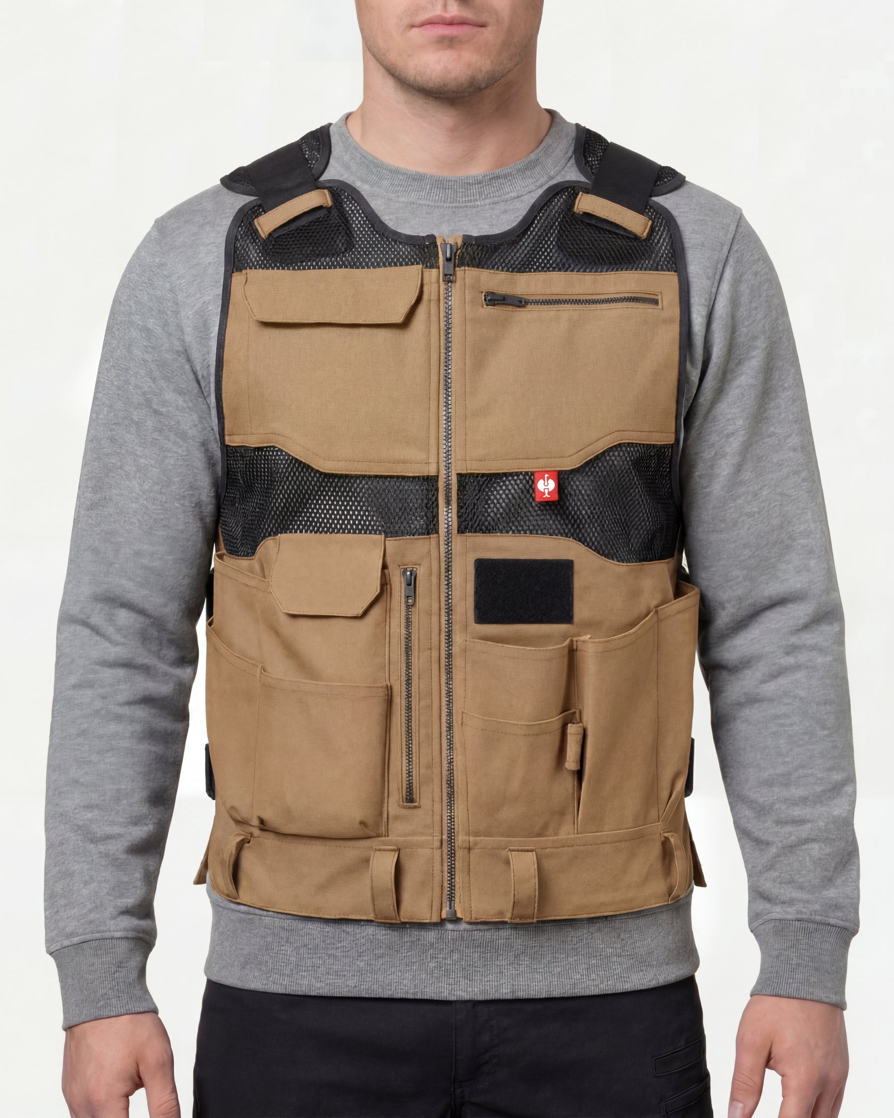 STRAUSS e.s.iconic tool vest in almond brown and black worn, front view