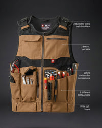 Tool pocket layout and storage features on STRAUSS e.s.iconic tool vest in almond brown and black