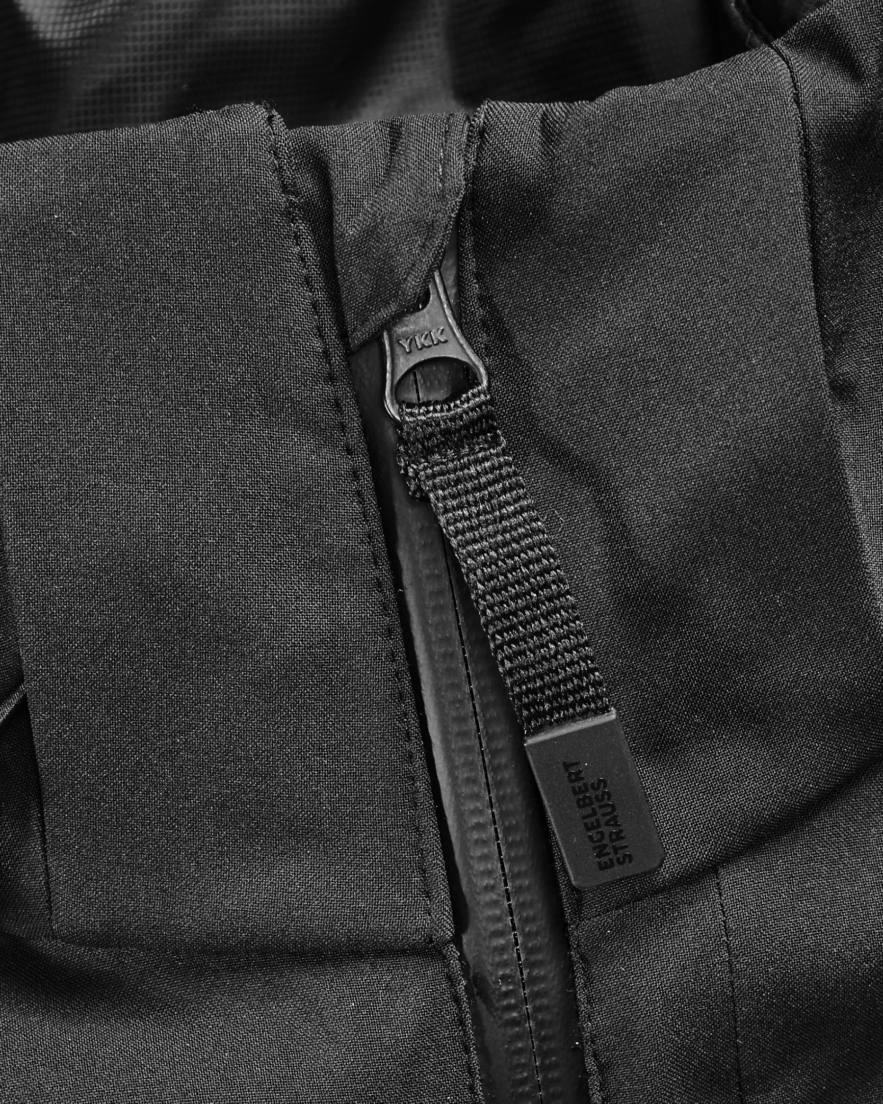 Close-up of zipper and pocket details on STRAUSS e.s.trail pure 3-in-1 functional snow jacket in black