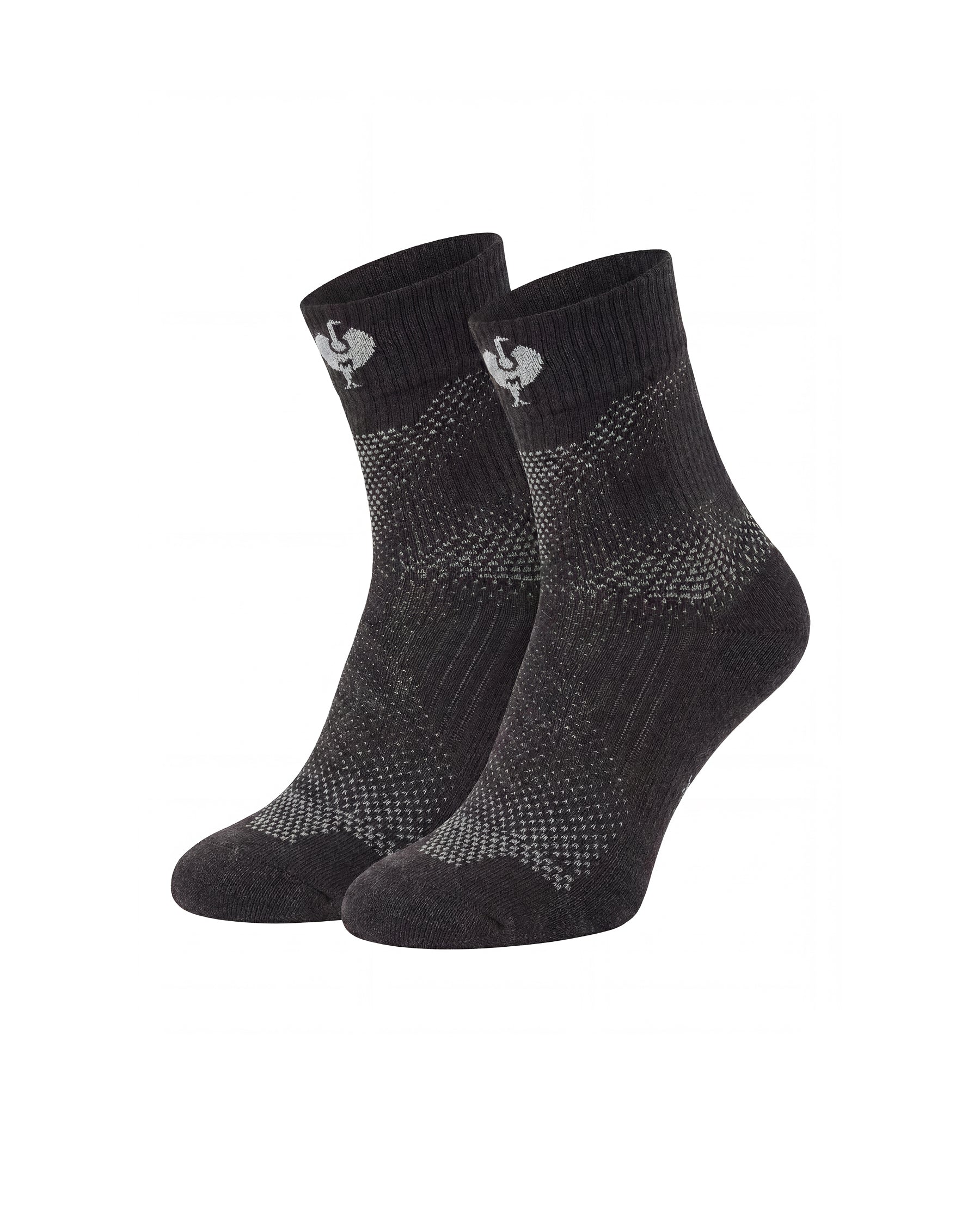Black and basalt gray STRAUSS e.s.trail pure all-season high-cut socks designed for high-cut work shoes and boots.