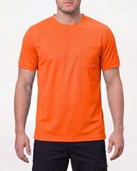 A model wears the STRAUSS Enhanced Visibility Performance T-Shirt in neon orange with dark work pants in a studio product scene