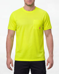 A model wears the STRAUSS Enhanced Visibility Performance T-Shirt in neon yellow with dark work pants and work boots in a studio product scene