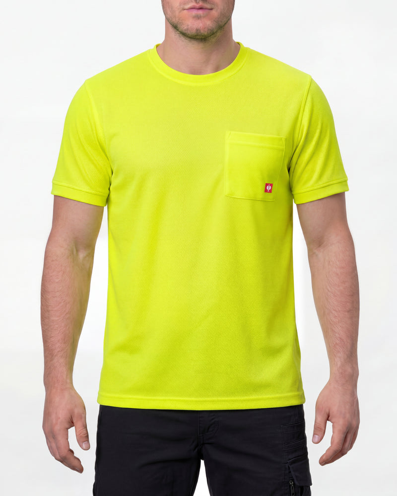 A model wears the STRAUSS Enhanced Visibility Performance T-Shirt in neon yellow with dark work pants and work boots in a studio product scene