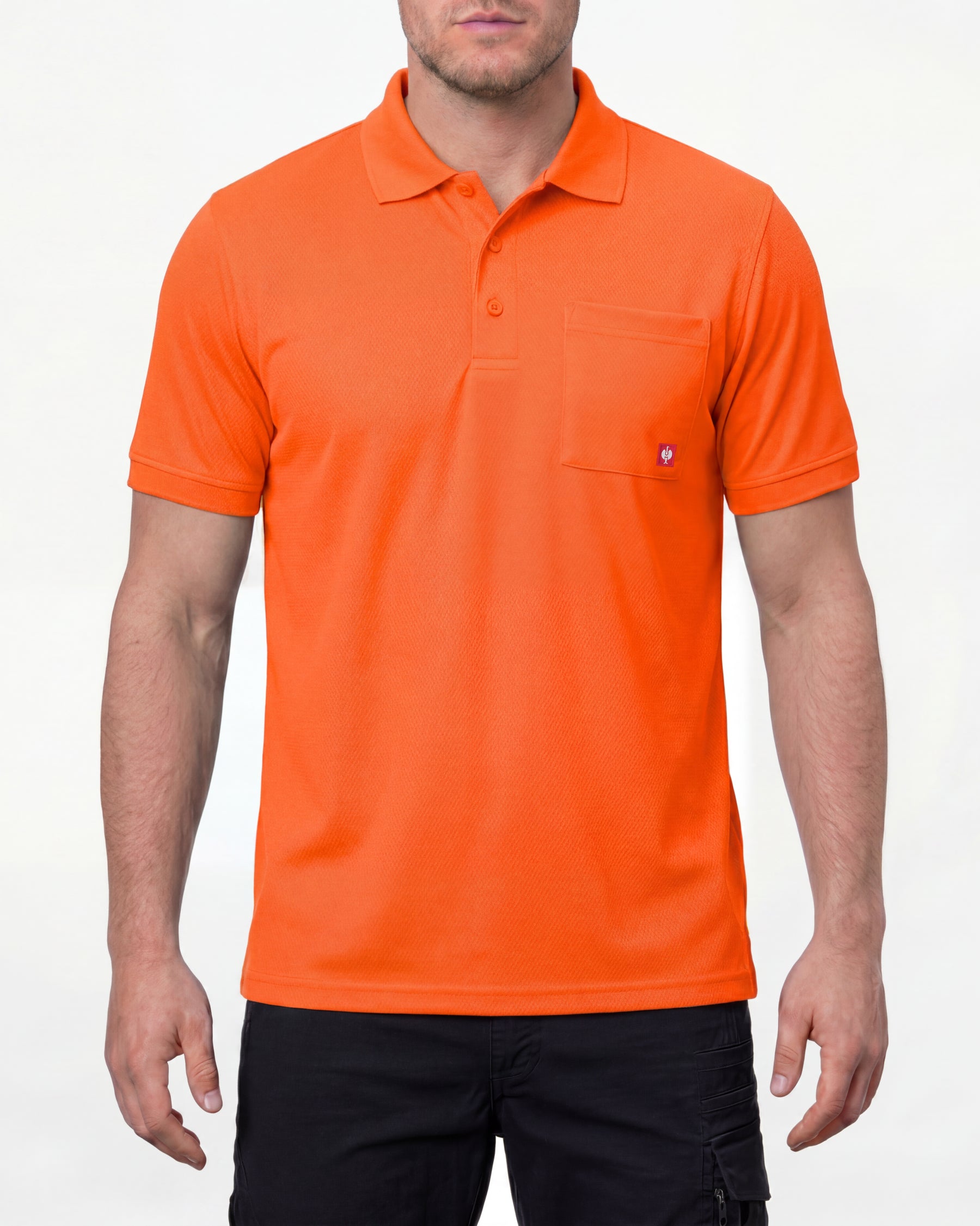 A model wears the STRAUSS Enhanced Visibility Performance Polo Shirt in neon orange with dark work pants and work boots in a studio product scene