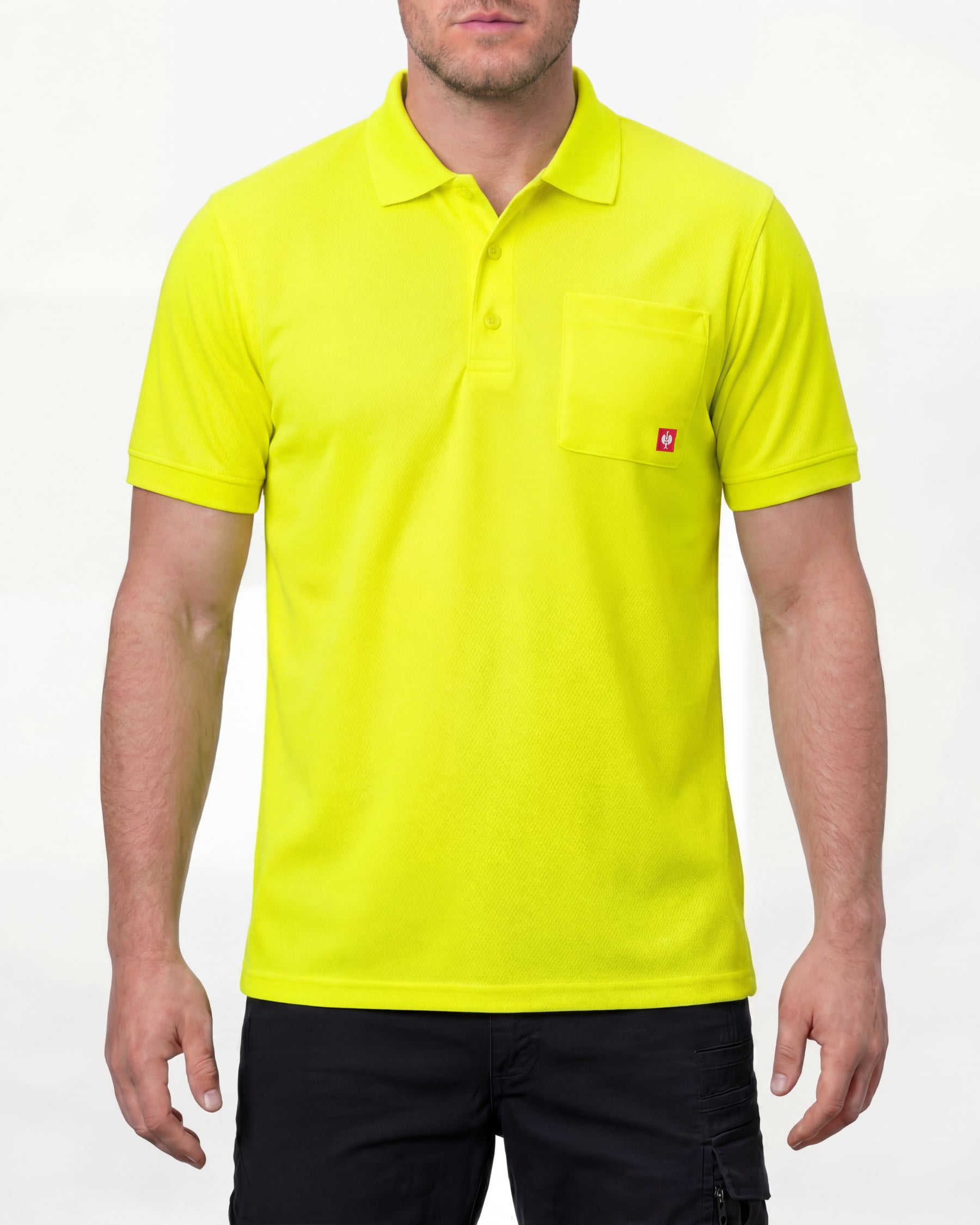 A model wears the STRAUSS Enhanced Visibility Performance Polo Shirt in neon yellow with dark work pants and work boots in a studio product scene