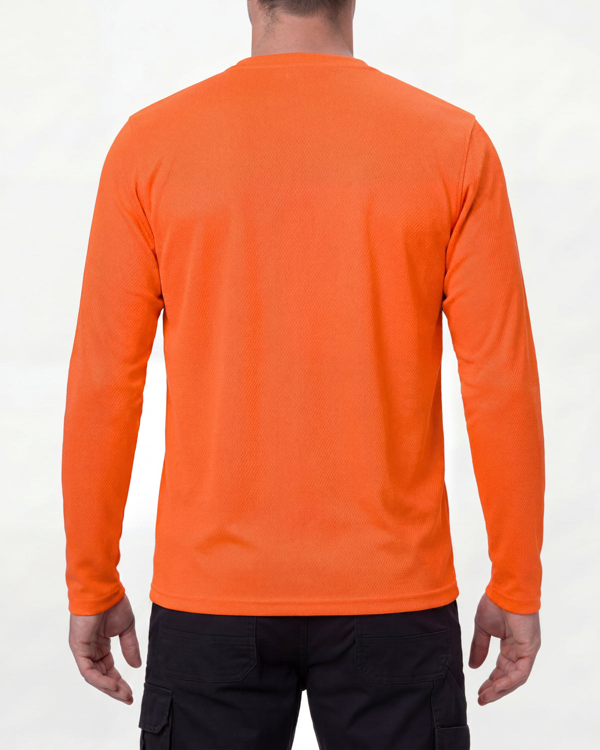 A model wears the STRAUSS Enhanced Visibility Performance Long Sleeve Shirt in neon orange with dark work pants and work boots, showing the shirt fit