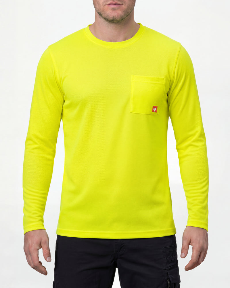 A model wears the STRAUSS Enhanced Visibility Performance Long Sleeve Shirt in neon yellow with dark work pants and work boots in a studio product scene
