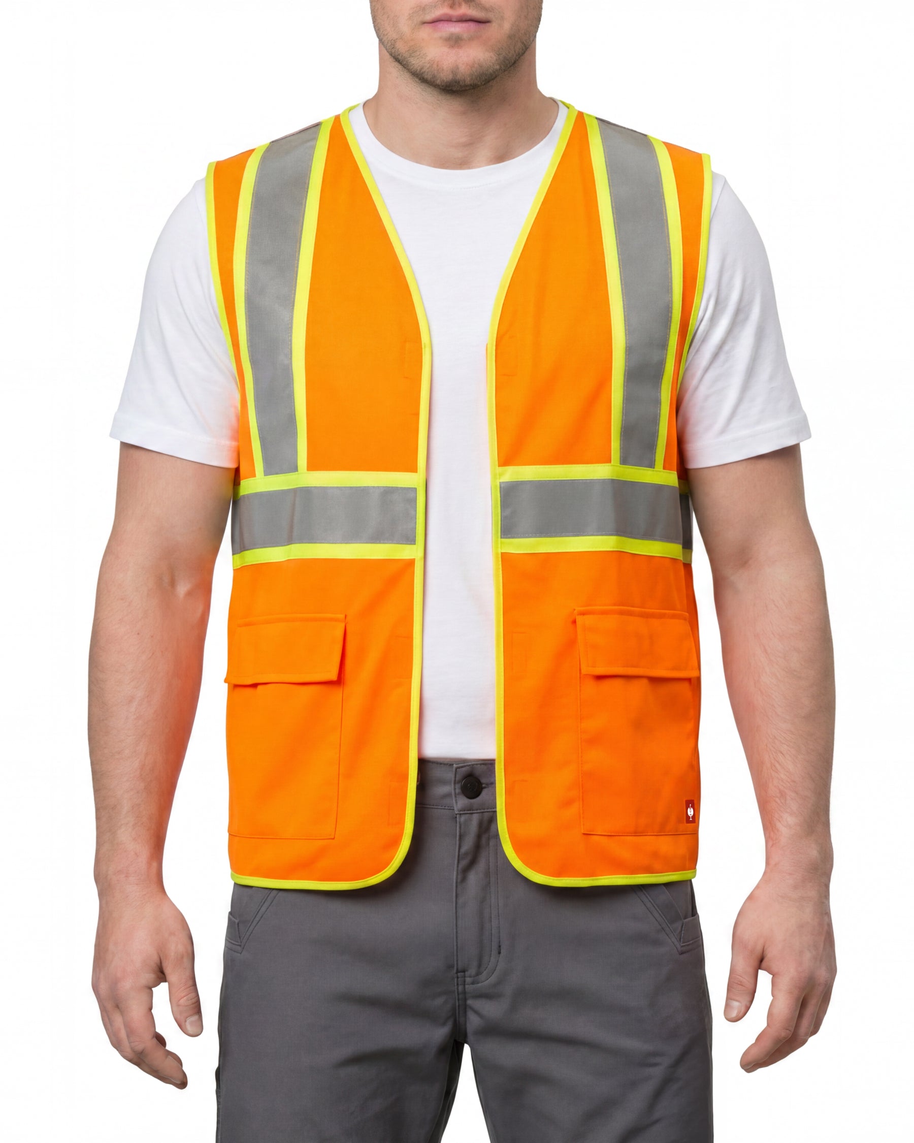 STRAUSS high visibility vest in neon orange worn, front view