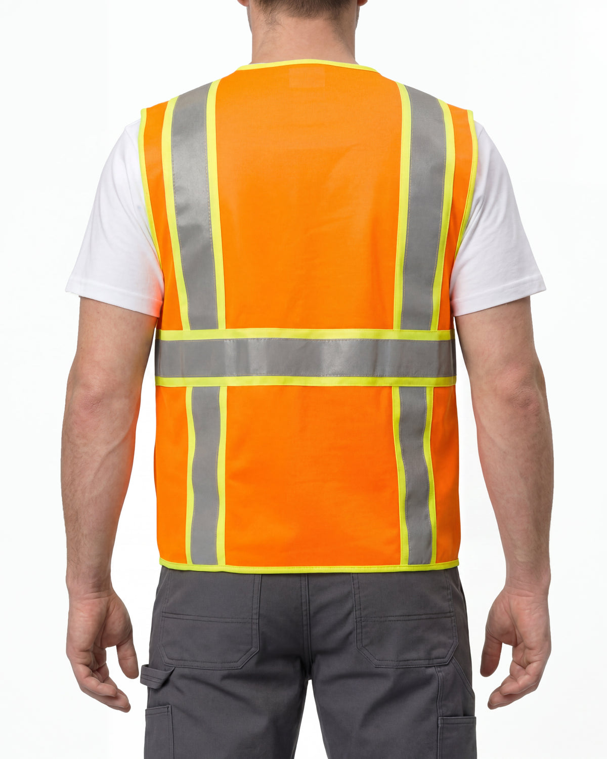 STRAUSS high visibility vest in neon orange worn, back view