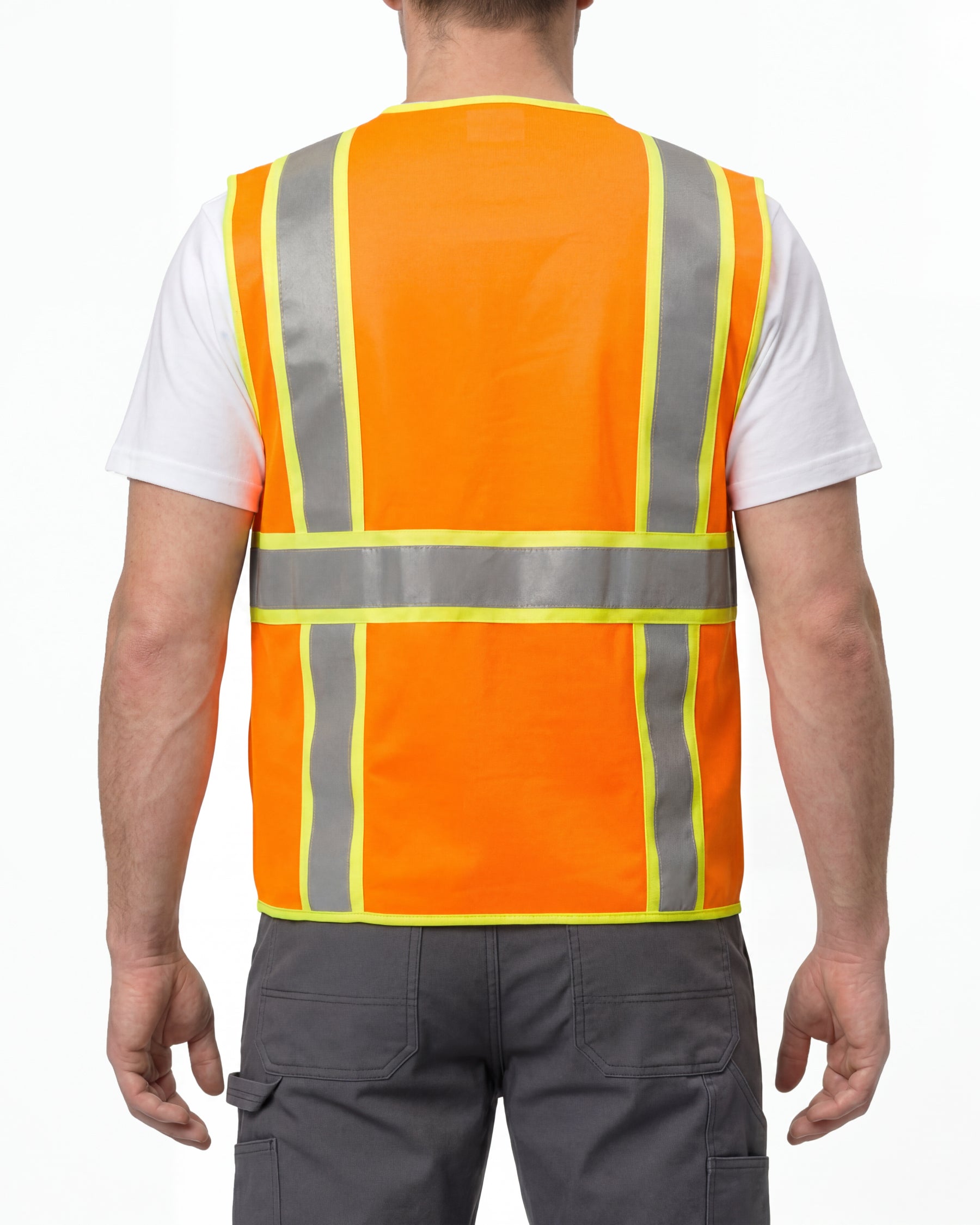 STRAUSS high visibility vest in neon orange worn, back view