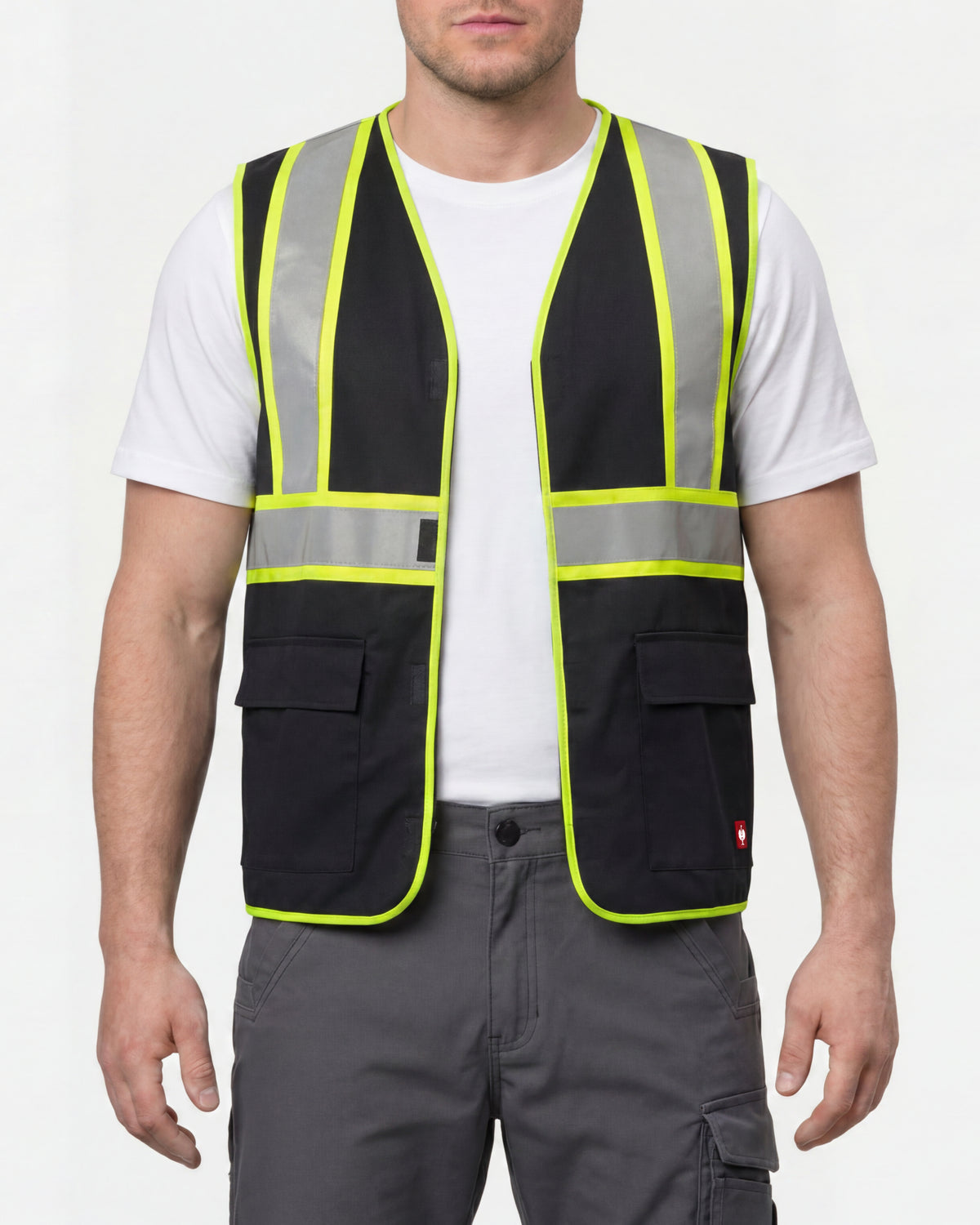 STRAUSS enhanced visibility vest in black worn, front view