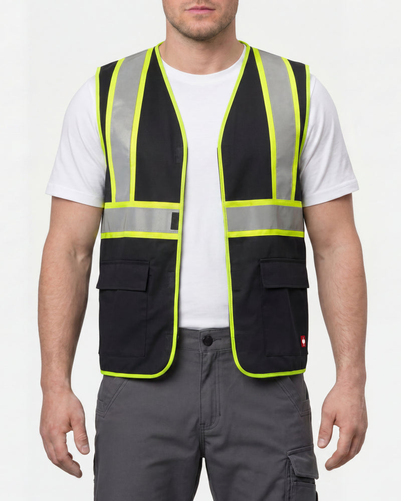 STRAUSS enhanced visibility vest in black worn, front view