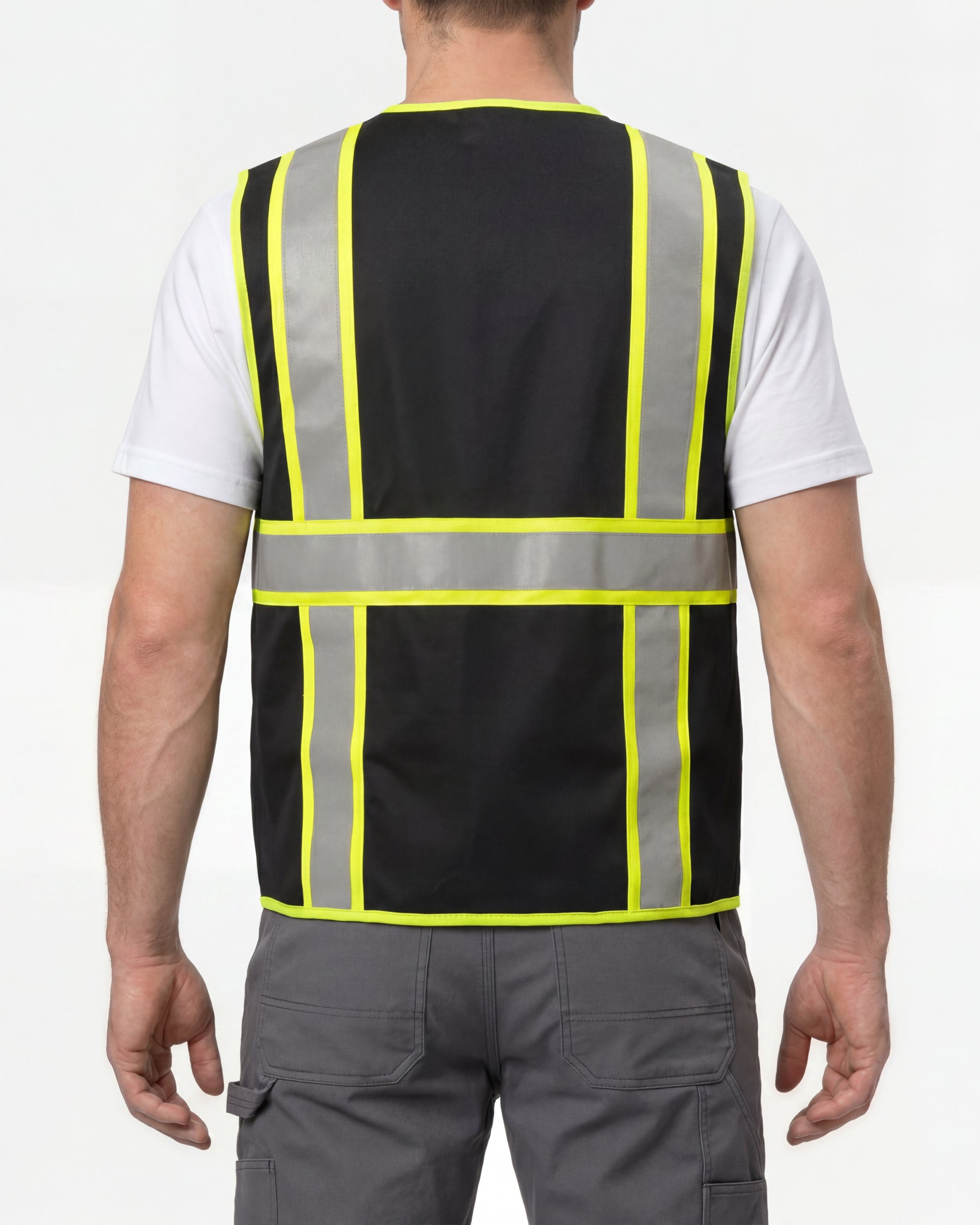 STRAUSS enhanced visibility vest in black worn, back view