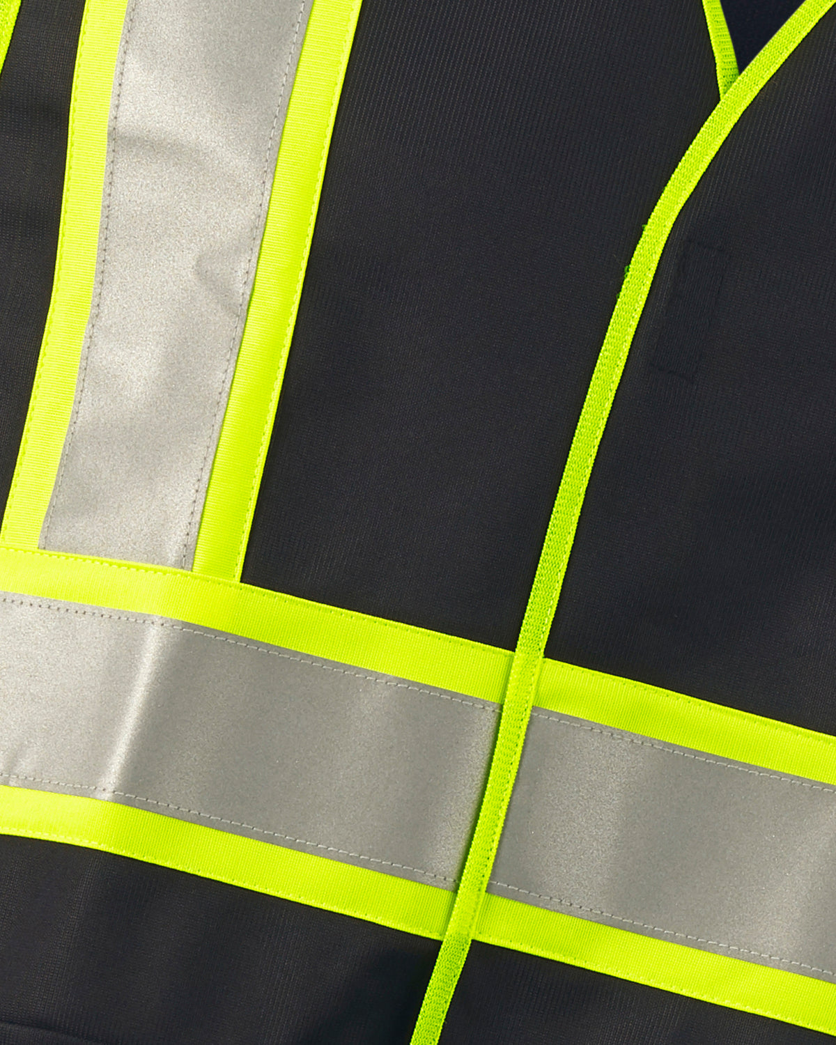 Close-up of reflective striping and shell details on STRAUSS enhanced visibility vest in black