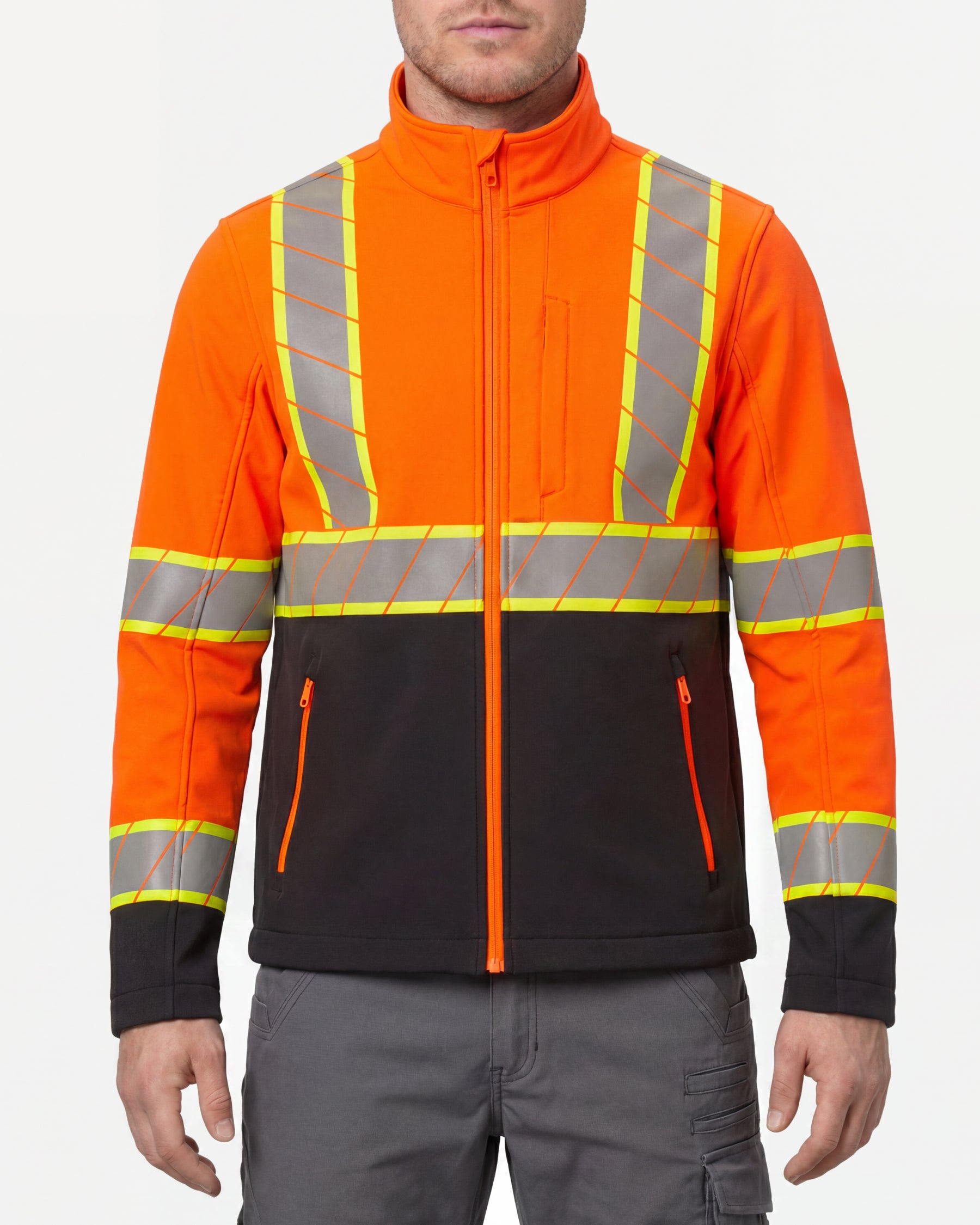 STRAUSS Class 2 high visibility softshell jacket in neon orange and black worn, front view