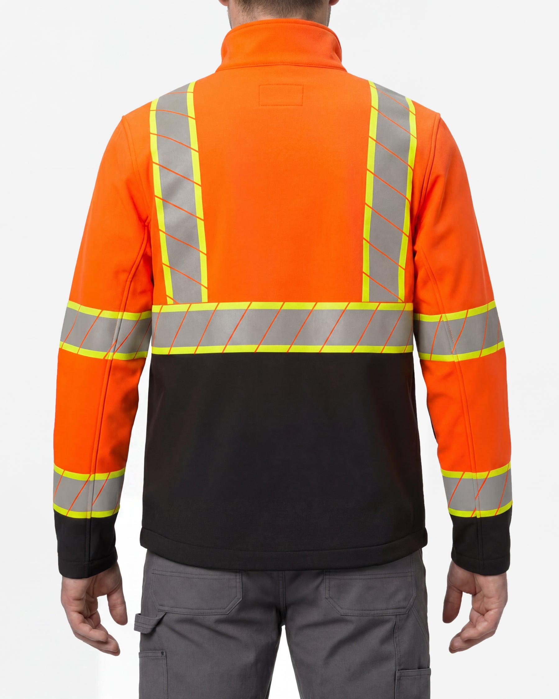 STRAUSS Class 2 high visibility softshell jacket in neon orange and black worn, back view