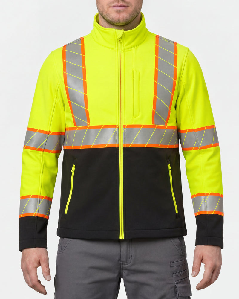 STRAUSS Class 2 high visibility softshell jacket in neon yellow and black worn, front view