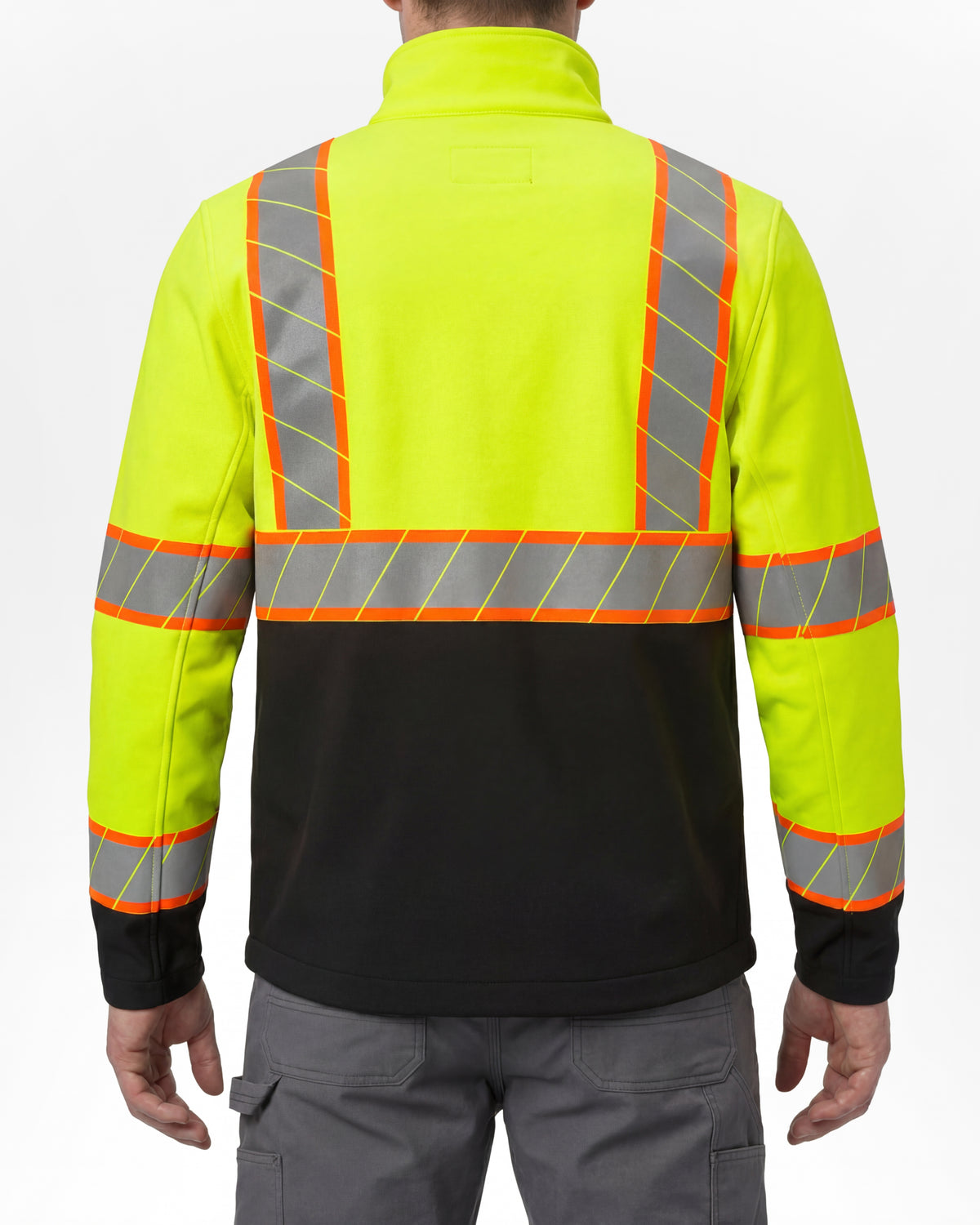 STRAUSS Class 2 high visibility softshell jacket in neon yellow and black worn, back view