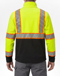 STRAUSS Class 2 high visibility softshell jacket in neon yellow and black worn, back view