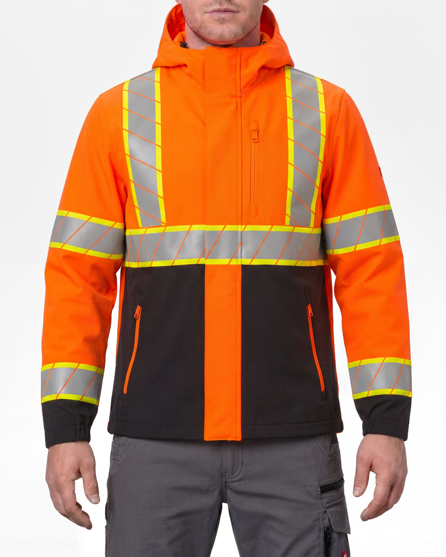 STRAUSS Class 2 high visibility waterproof jacket in neon orange and black worn, front view
