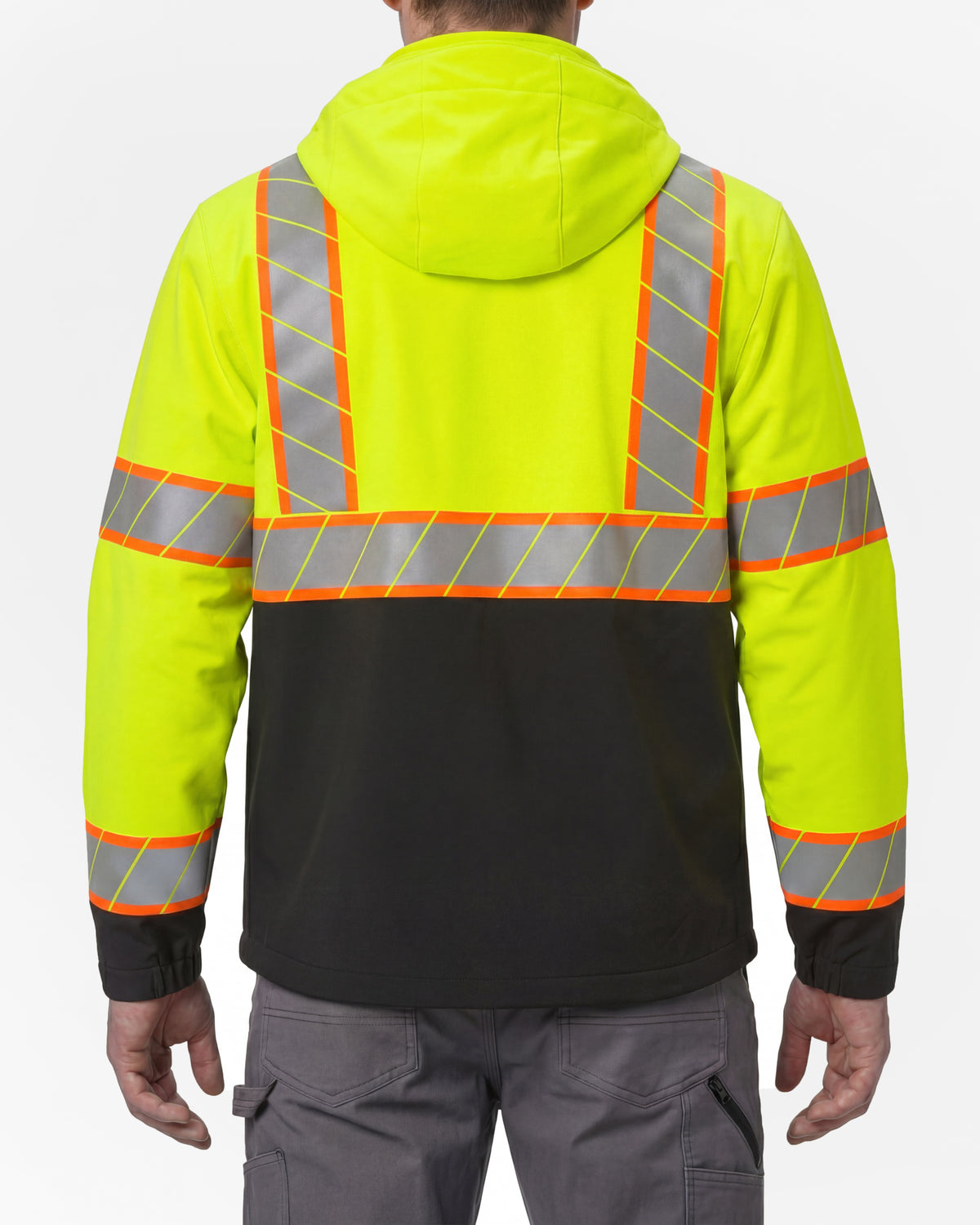 STRAUSS Class 2 high visibility waterproof jacket in neon yellow and black worn, back view