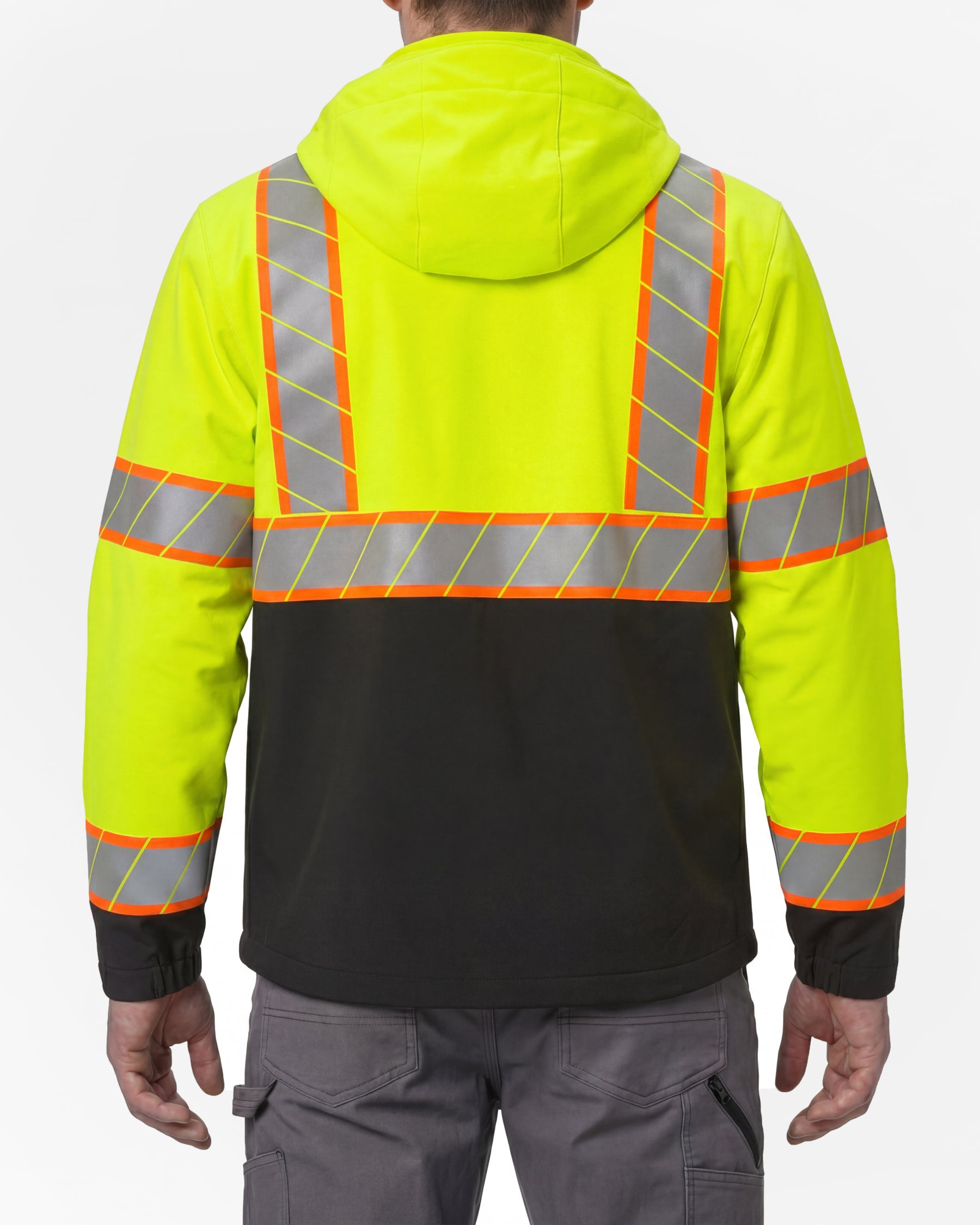 STRAUSS Class 2 high visibility waterproof jacket in neon yellow and black worn, back view
